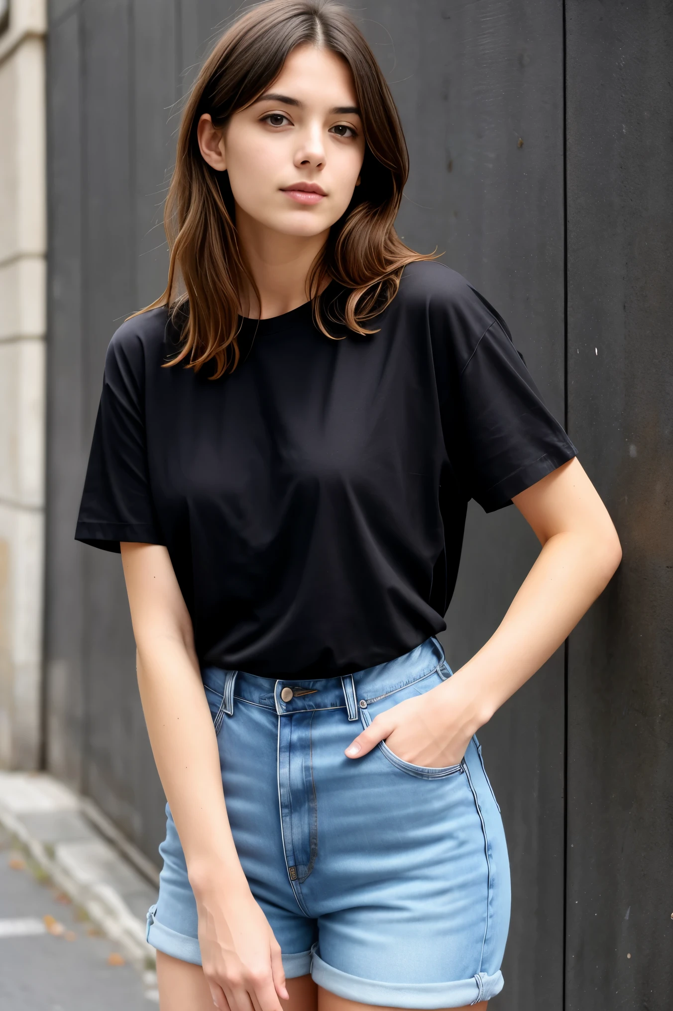 une femme brune sexy et mince de 18 ans , black short-sleeved shirt et short en jean , Realistic