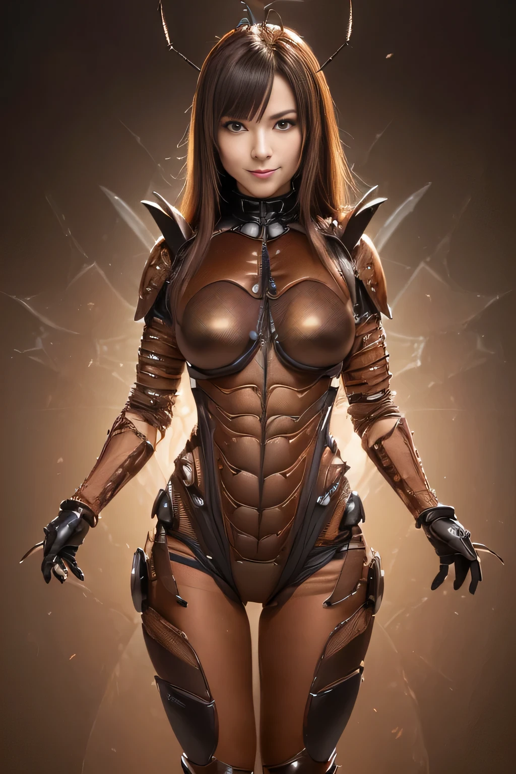 (high resolution,masterpiece,best quality,extremely detailed CG, anime, official art:1.4), realistic, photo, amazing fine details, all intricate, gloss and shiny,awesome many layers, 8k wall paper, 3d, sketch, kawaii, illustration,( solo:1.4), perfect female proportion,villainess, (fusion of dark brown cockroach and lady:1.4), (brown cockroach form lady:1.2), (brown cockroach lady:1.2), (fusion:1.2), (solo:1.4), (evil smile:1.2), muscular, abs, (cockroach brown exoskeleton bio insect suit:1.4), (cockroach brown exoskeleton bio insect armor:1.2), (brown transparency cockroach wing:1.4), (brown cockroach antennae:1.3),
