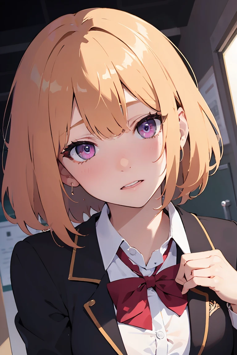 masterpiece, absurdres, best quality, ultra detailed, high Resolution, detailed illustration, bright colour, (extremely beautiful detailed face and eyes, Delicate beautiful face, 1 girl, cute face:1.3), (magenta eyes:1.1), sparkling eyes, big eyes, medium breasts, (perky breasts:1.1), (pointy breasts:1.1), medium hips, glamorous body, white skin, BREAK, long bob cut, (blonde hair:0.8), messy hair, detailed hair, shiny hair, BREAK (undressed, school uniform:1.5), (vagina, rape:1.3), perfect lighting, (embarrassed:1.5), (ecstasy, vulgarity:1.5), (trembling:0.8), from under, full body, 