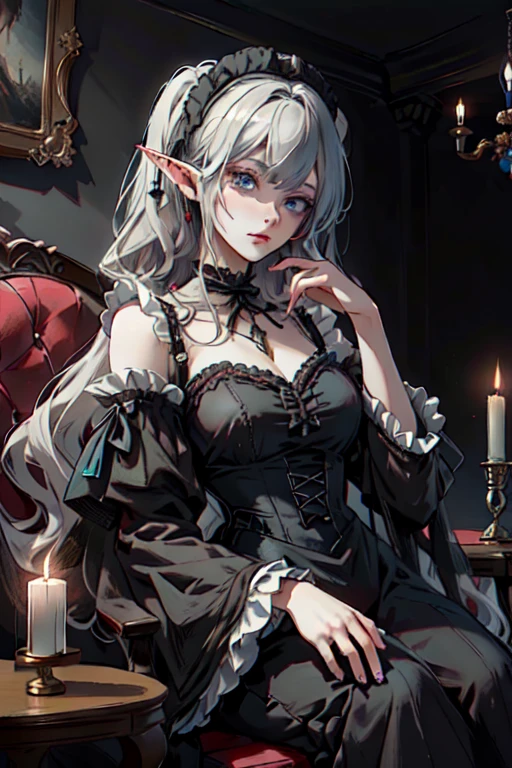 ((masterpiece )), (top quality), (best quality), ((ultra-detailed, 8k quality)), Aesthetics, volumetric lighting, (detailed line art), 
BREAK, 
highly detailed of (elf), (1girl), perfect face, details eye, double pigtails hair, Blunt bangs, (hair between eye), white hair, blue eyes, eyelashes, eyeshadow, pink eyeshadow, light smile, design art by Artgerm, by Kawacy, By Yoshitaka Amano,
BREAK,
portrait, frensh maid in a frensh maid outfit, victorian goth maid, headdress, indoors, ((antique victorian mansion)), dusty, dimly lit, candleholders, covered in cobwebs, cowboy shot, dynamic angle, side table, dangling her feet, sleepy eyes, tired expression, utmost boredom, looking at viewer, rests her chin on her hand, (graphic background, (plain background)), correct anatomy, amano yoshitaka, webbedtech, fuzzy organic webs, eroguronansensu, horror, Goat, gothic artstyle,
BREAK, 
((perfect anatomy)), nice body, medium breast, extremely detailed finger, best hands, perfect face, beautiful face, beautiful eyes, perfect eyes, perfect fingers,