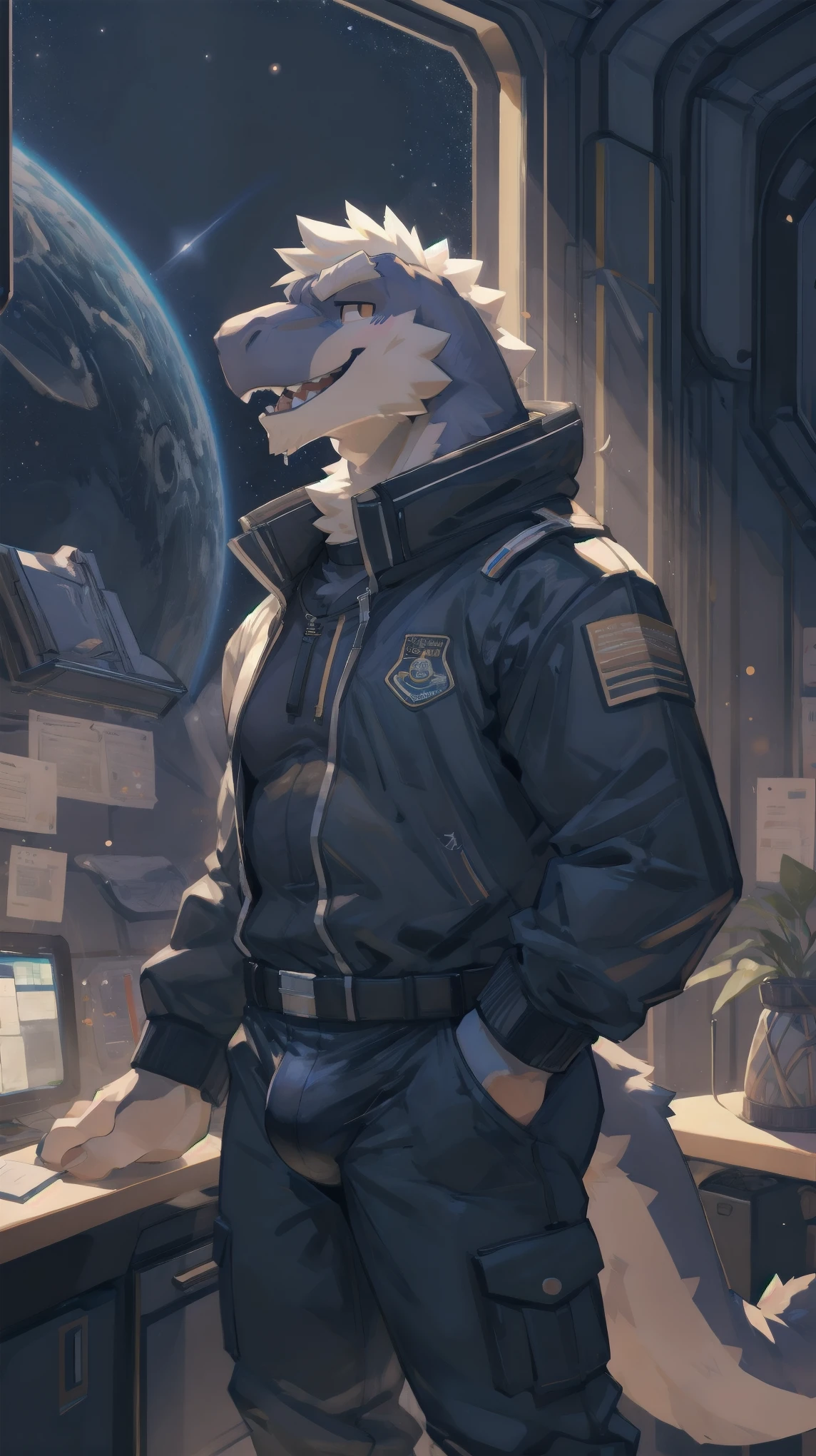 Solo, male, doing paperwork, by bigcozyorca, by goonie-san, by bebebebebe, by spikedmauler, facing viewer, silver, black fur, tyrannosaurus, bushy tail, buff, spacesuit, space observation deck background, open mouth, detailed mouth, closed mouth grin, drooling, smirking, eductive smile, lustful grin, bulge, bulging, hard bulge, adjusting hard bulge, adjusting bulge, adjusting crotch, cock with knot on it, cum, cumming, big dig cock, Wearing collar,  callor on neck, unzipping pants to show off cock, penis, teasing cock