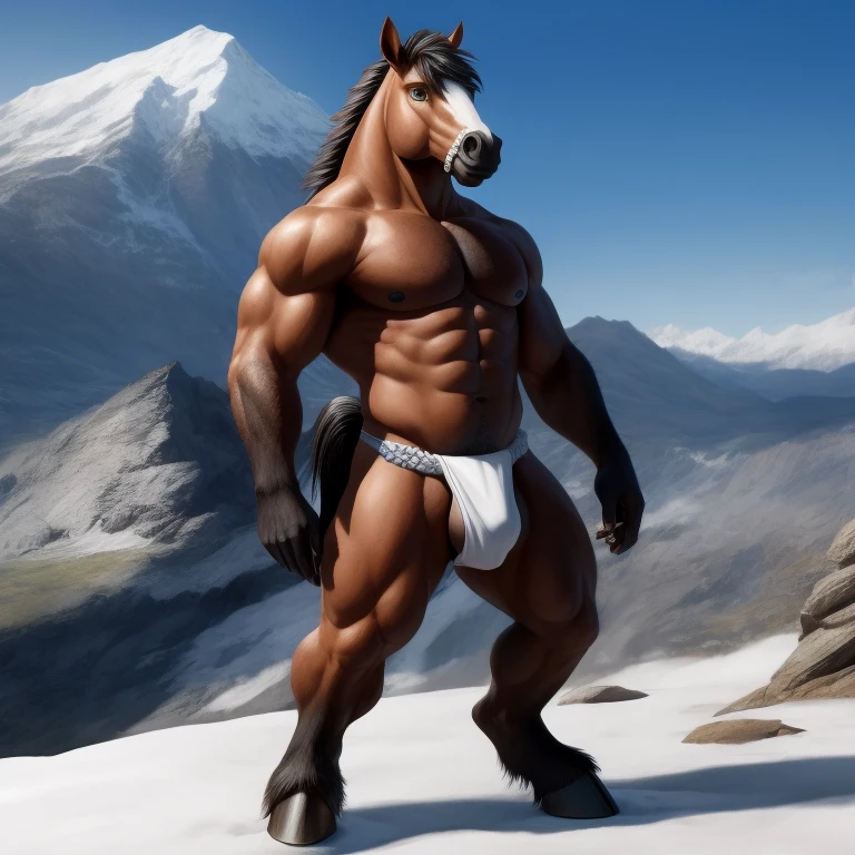 Furry, Antro, [Horse color Marron Oscuro metal] , Espalda , [Fundoshi Bulto Male Big], [Fundoshi BLANCO], Solo, De Espaldas, [Bulto Male Big], Hooves , Big Balls, Detallado 4k, cuerpo completo, cuerpo furry Marron dark, snowy mountain background, pupil Eyes blue, Alta resolucion, 