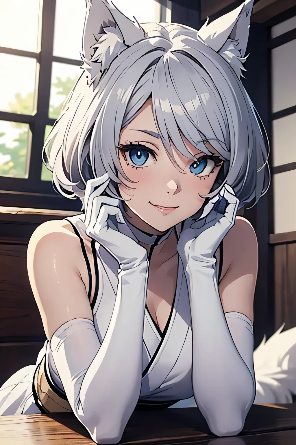 table top High level image quality best image quality 8K adult woman portrait white long gloves(elbow gloves) white pantyhose nurse uniform(sleeveless) white wolf ears short hair((shortcut)(gray hair)(perm)(fluffy)) eye color is blue attractive face((laughter)(smile)(open your mouth)) Cross your legs Are standing