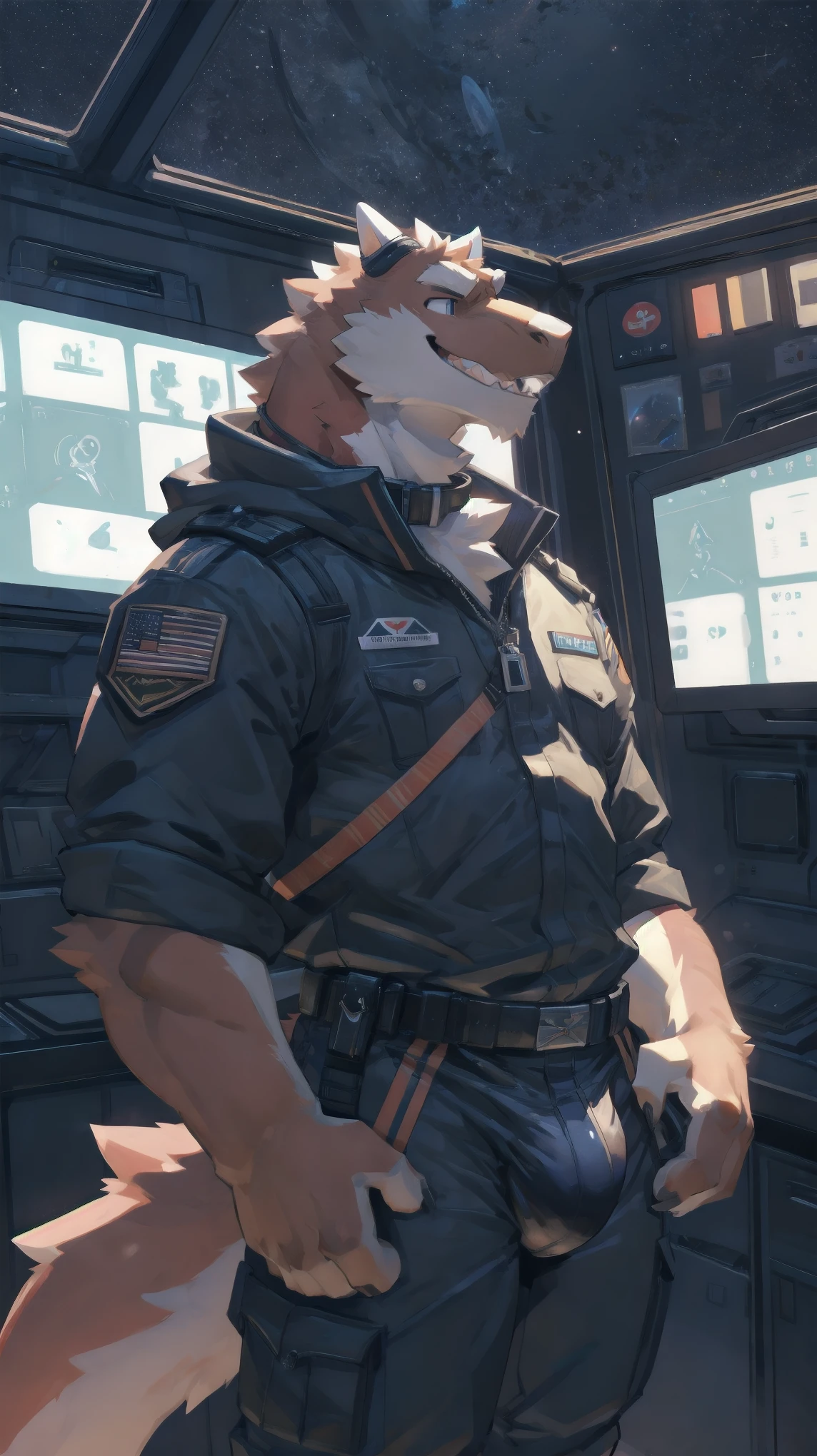 Solo, male, legs spread open, pulling pants down, by bigcozyorca, by goonie-san, by bebebebebe, by spikedmauler, facing viewer, sage color fur, teel colored tyrannosaurus, bushy tail, buff, spacesuit, pulling pants down, showing off bulge, showing off, space hanger background, open mouth, detailed mouth, tongue hanging out, drooling, smirking, eductive smile, lustful grin, bulge, bulging, hard bulge, adjusting hard bulge, adjusting bulge, adjusting crotch, masterbating, jacking off, touching dick, big erect cock, dad bod, daddy, older, 💕 ,pulling cock out of pants