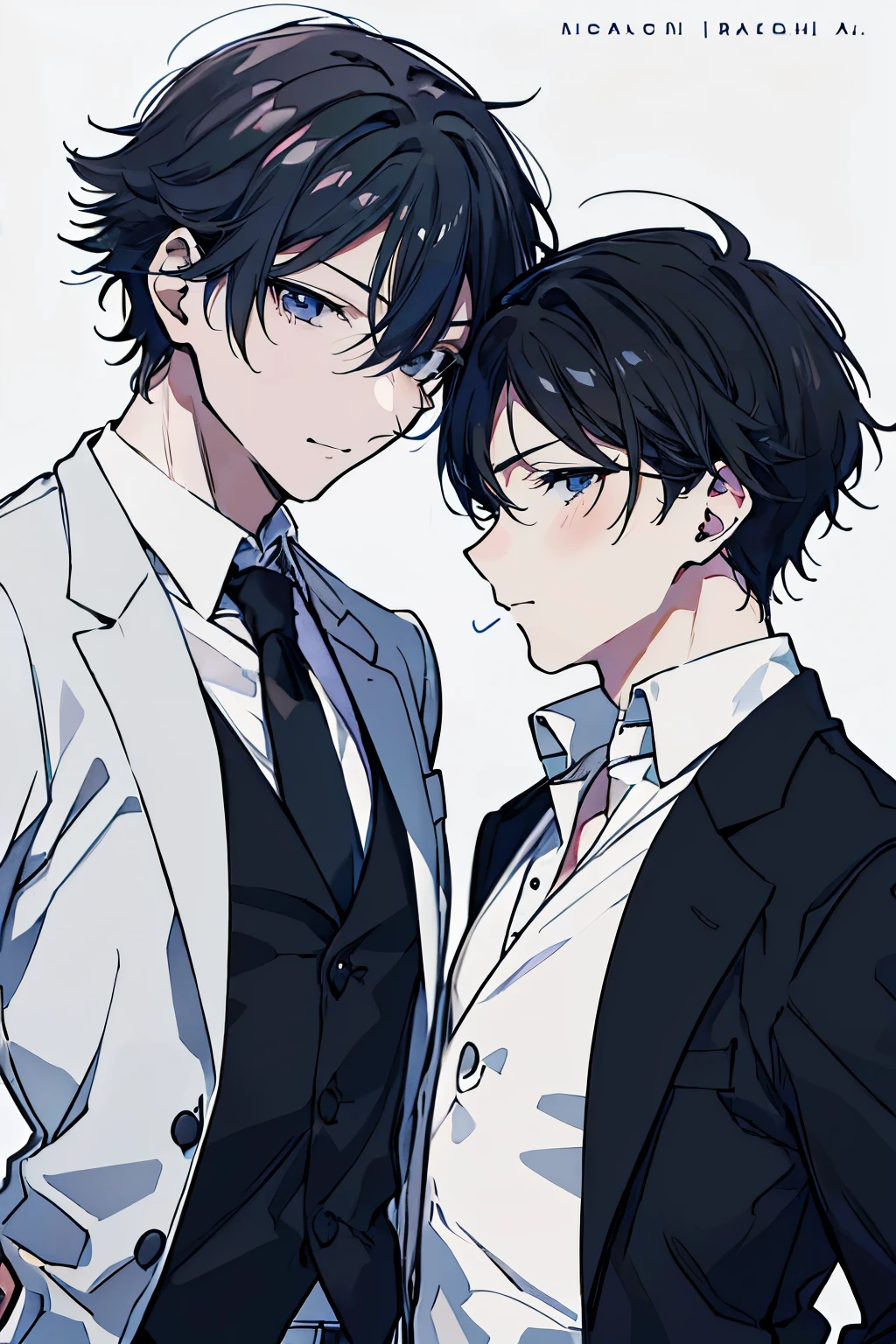 (Mastepiece), (Best Quality), Very detailed, ((Two friendly men)), Perfect Face, Beautiful Face, Very detailed顔，(Black-haired man:1.3)，(white haired man:1.3)，suit，shirt