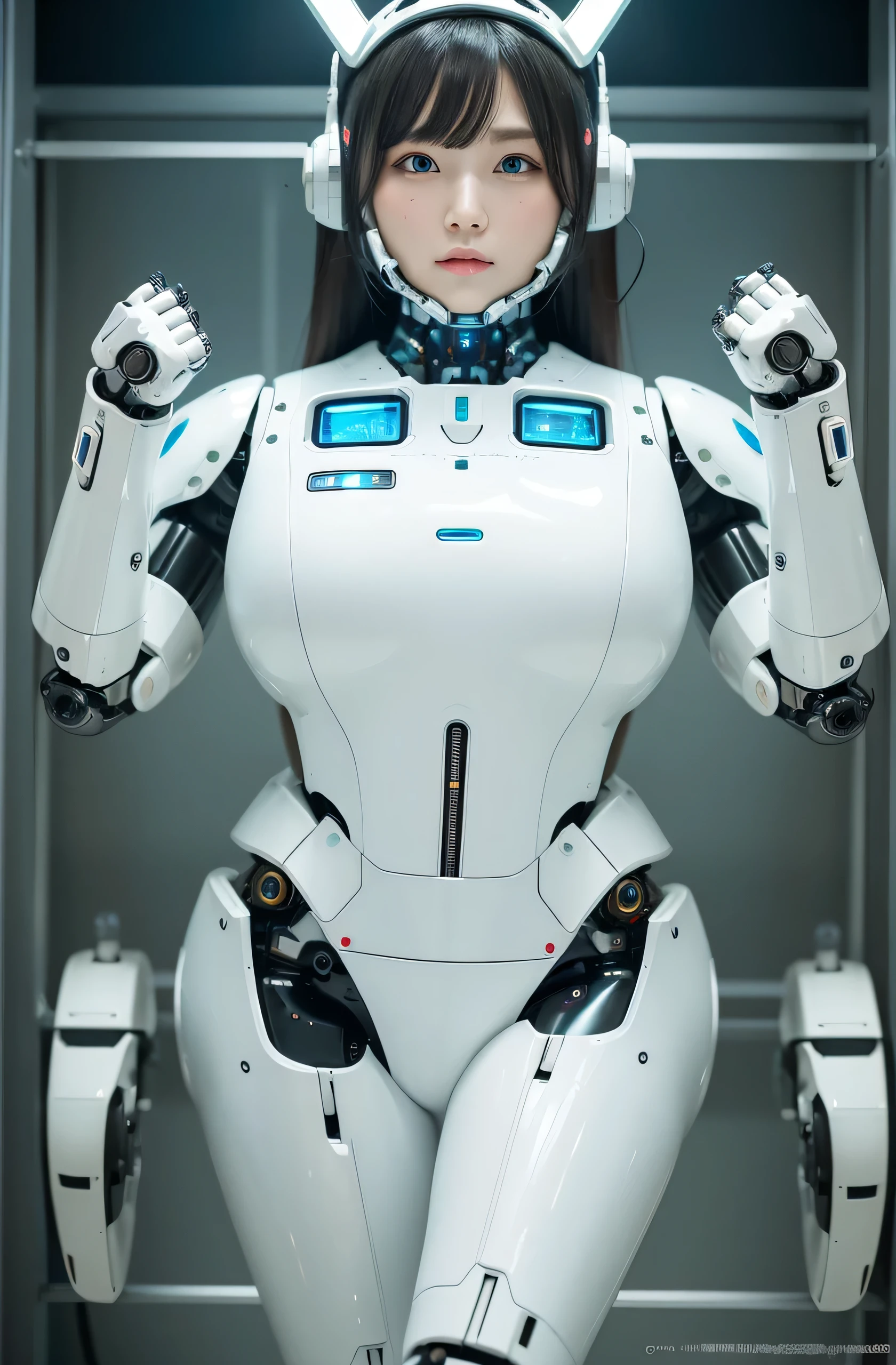 masterpiece, Best Quality, Extremely detailed,Japanese android girl,Plump ,a bit chubby, control panels,android,Droid,Mechanical Hand, ,Robot arms and legs, Black hair,Mechanical body,Blunt bangs,White Robotics Parts,perfect robot woman,Charging spot,Long Tube,A thick cable was connected to his neck.,ceramic body ,Mechanical body, mechanical ear covers,android,robot humanoid,Slightly Chubby,pantiy,complete eyes,Perfect machine body,White robot body,The laboratory of the future,android factory,mechanical ear covers,White and light blue uniform,aqua accent costume,blue eyes