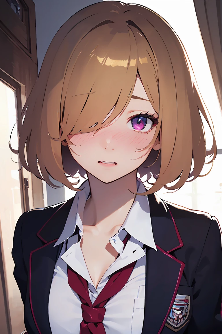 masterpiece, absurdres, best quality, ultra detailed, high Resolution, detailed illustration, bright colour, (extremely beautiful detailed face and eyes, Delicate beautiful face, 1 girl, cute face:1.3), (magenta eyes:1.1), sparkling eyes, big eyes, medium breasts, (perky breasts:1.1), (pointy breasts:1.1), medium hips, glamorous body, white skin, BREAK, long bob cut, (blonde hair:0.8), messy hair, detailed hair, shiny hair, BREAK (undressed, school uniform:1.5), (vagina, rape:1.3), perfect lighting, (embarrassed:1.5), (ecstasy, vulgarity:1.5), (trembling:0.8), from under, full body, 