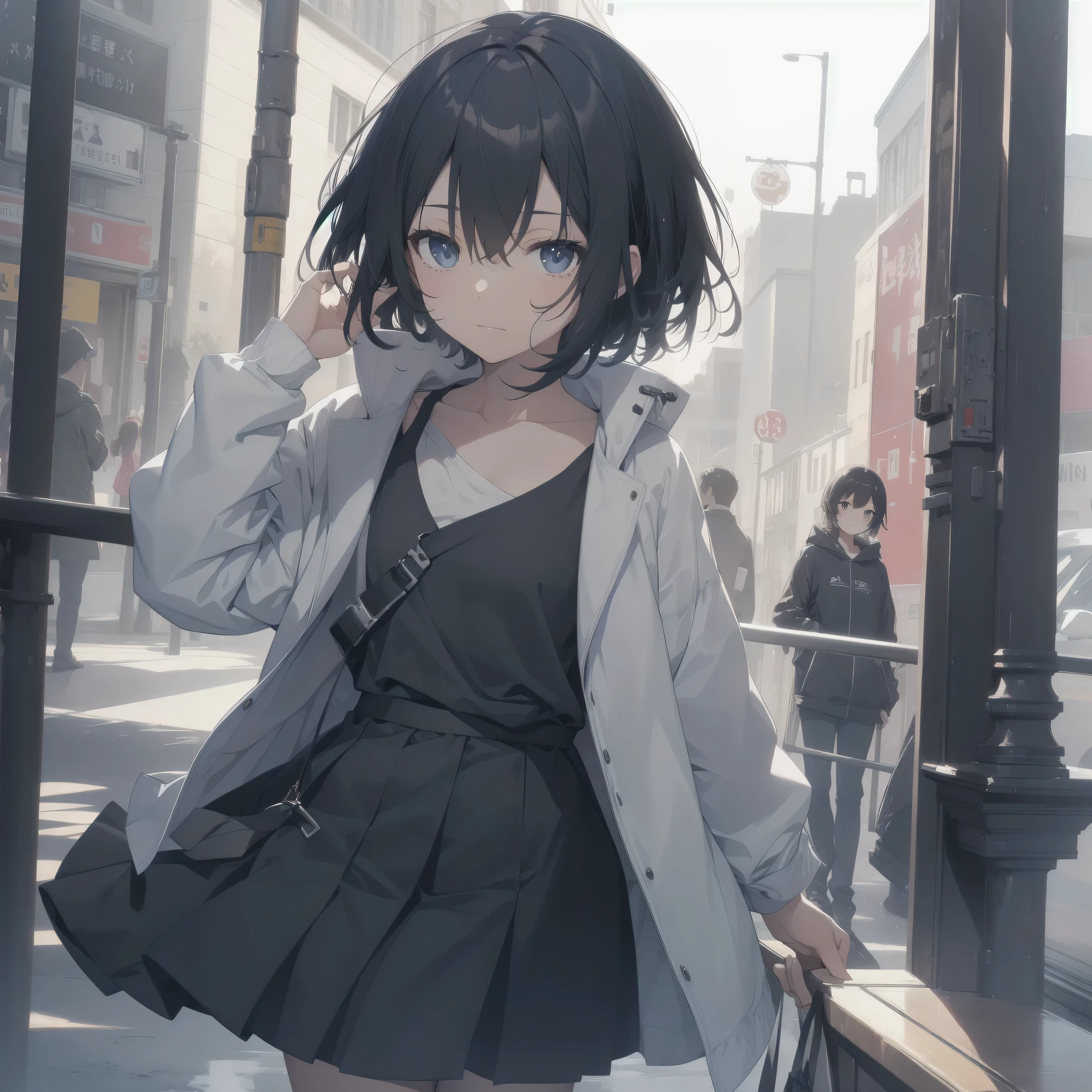 ultra-absurdres-Top quality by artist God, ultra-detailed, high resolution, anime moe artstyle, best anime 8k konachan wallpaper, pixiv contest winner,pool:2810, perfect anatomy,break, 1girl, (Please draw a girl walking sleepily to school alone. )break,(Solo,little female, 13-year-old:1.3),Full limbs, complete fingers,a junior high school student, (very short hair), short cut, flat chest, , small butt, small black eyes, beautiful detailed eyes, well-proportioned iris and pupils, expressive eyes, highres detailed hair, soft expression, school_uniform, official_alternate_costume, pleated skirt,(Detailed Lighting), (Detailed background), in the School commute route. break,super detailed skin, Best cinematic lighting powered by famous artist, 8k,beauty illustration,photoshop_(medium),very aesthetic,break,((artist:kou_hiyoyo )), artist:akinashi yuu ,artist:oyari ashito ,artist:kantoku ,