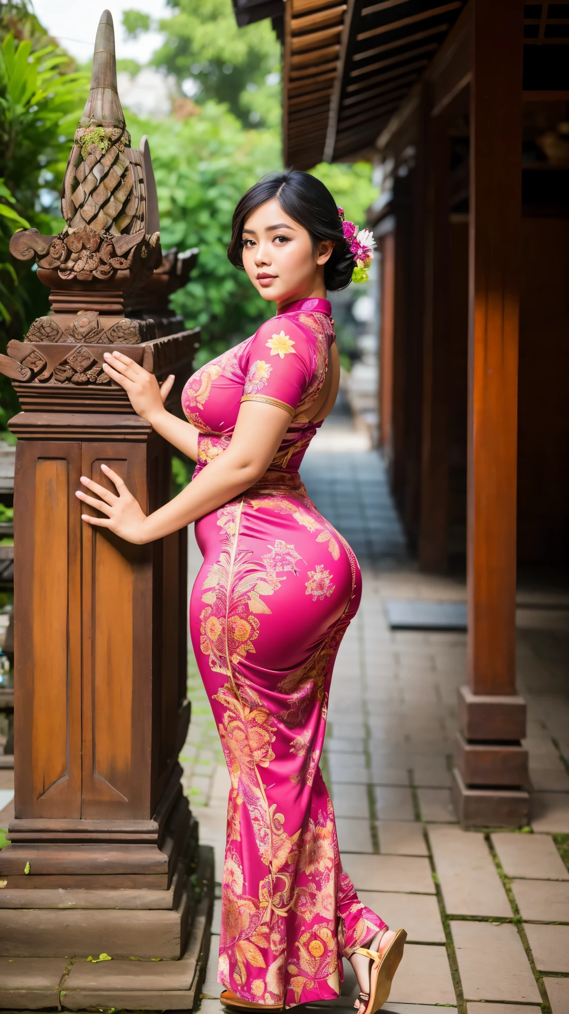 Balinese Woman in tample, curvy body , wearing kebaya bali, beautiful woman, very detail ,pawg, long legs ,thick high, full body in camera, from side, big booty