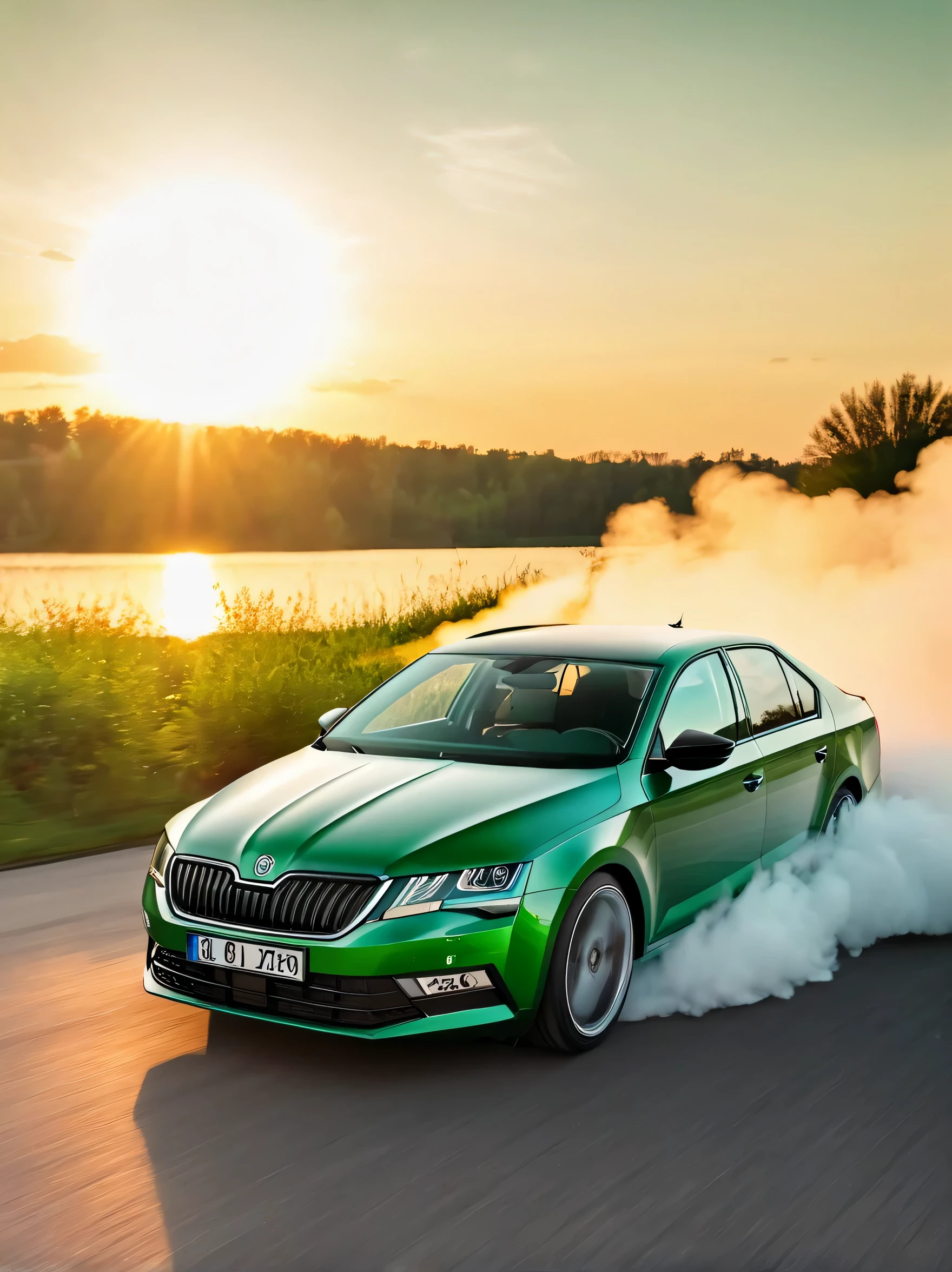 skoda octavia in python green color, 4k ultra realistic, drifting sideways, fast speed, white smoke coming from rear tyres, background lake, orange sunset, sun glare on windscreen, rear tyres moving at high speeds
