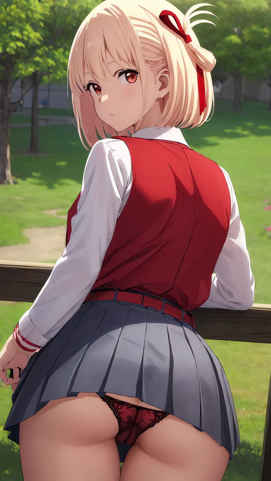 masterpiece, highest quality, High resolution, chisato Nishikigawa, 1 girl, shirt, long sleeves, dress, ribbon, white shirt, collared shirt, belt, neck ribbon, red dress, blue ribbon, pleated dress, grey dress, two-tone dress, red belt, lycoris uniform, (whole body), lace black panties,(Showing panties:1.3), (looking back at viewer :1.5), Outdoor, shopping