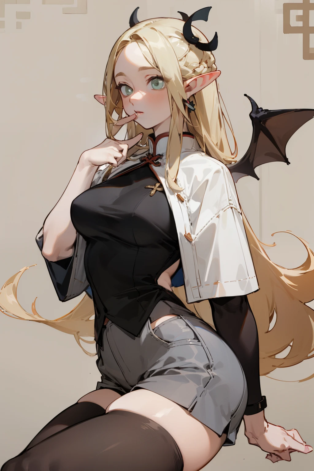 A girl in a black bikini、Wearing a hat，masterpiece, best quality) detailed,silver accessories , Blonde ,elegant, Pointed ears ，Black shirt，Black pleated skirt，Ponytail，Waist-length hair，Smile，Star decoration，Lace lace socks，vampire，Lace underwear，Lace stockings，Exposing thighs，（Nurse Clothing）