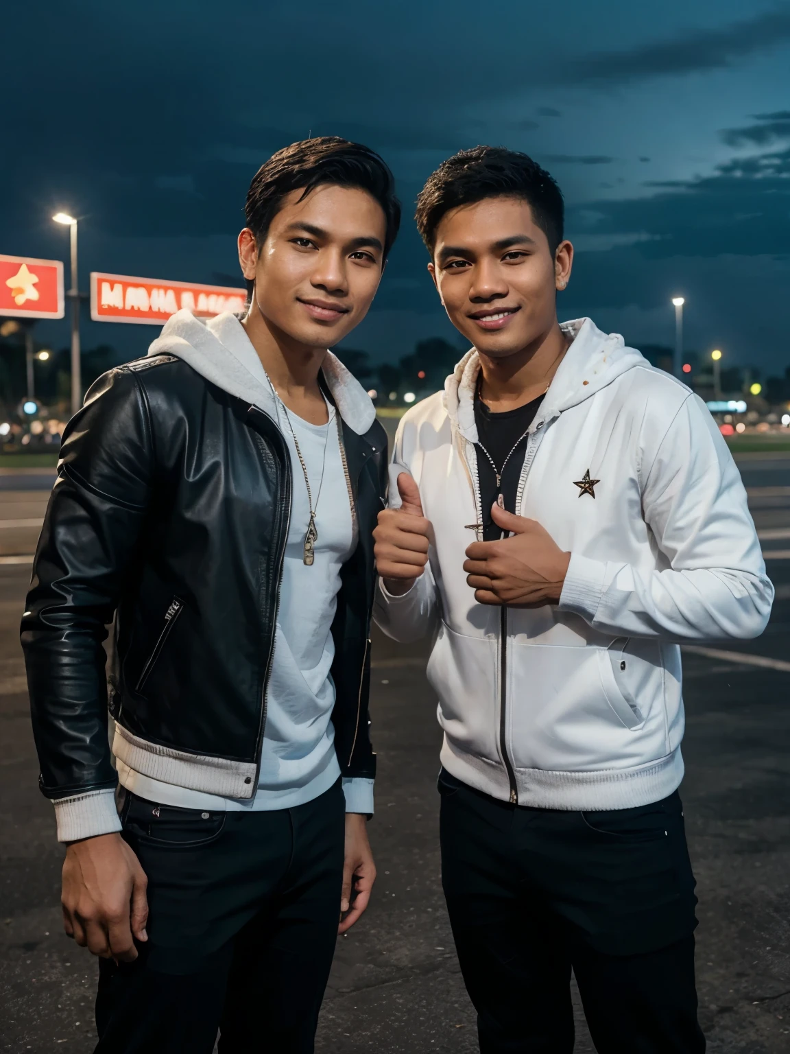 a man and a male vocalist from Indonesia posing for a photo in front of the international airport at night, a Javanese man from Indonesia with neat white hoodie hair with Ariel from the Indonesian band Noah, Indonesian star, Handsome - smooth face, with a beautiful smile , handsome face with short black hair leather jacket. thumbs up.
