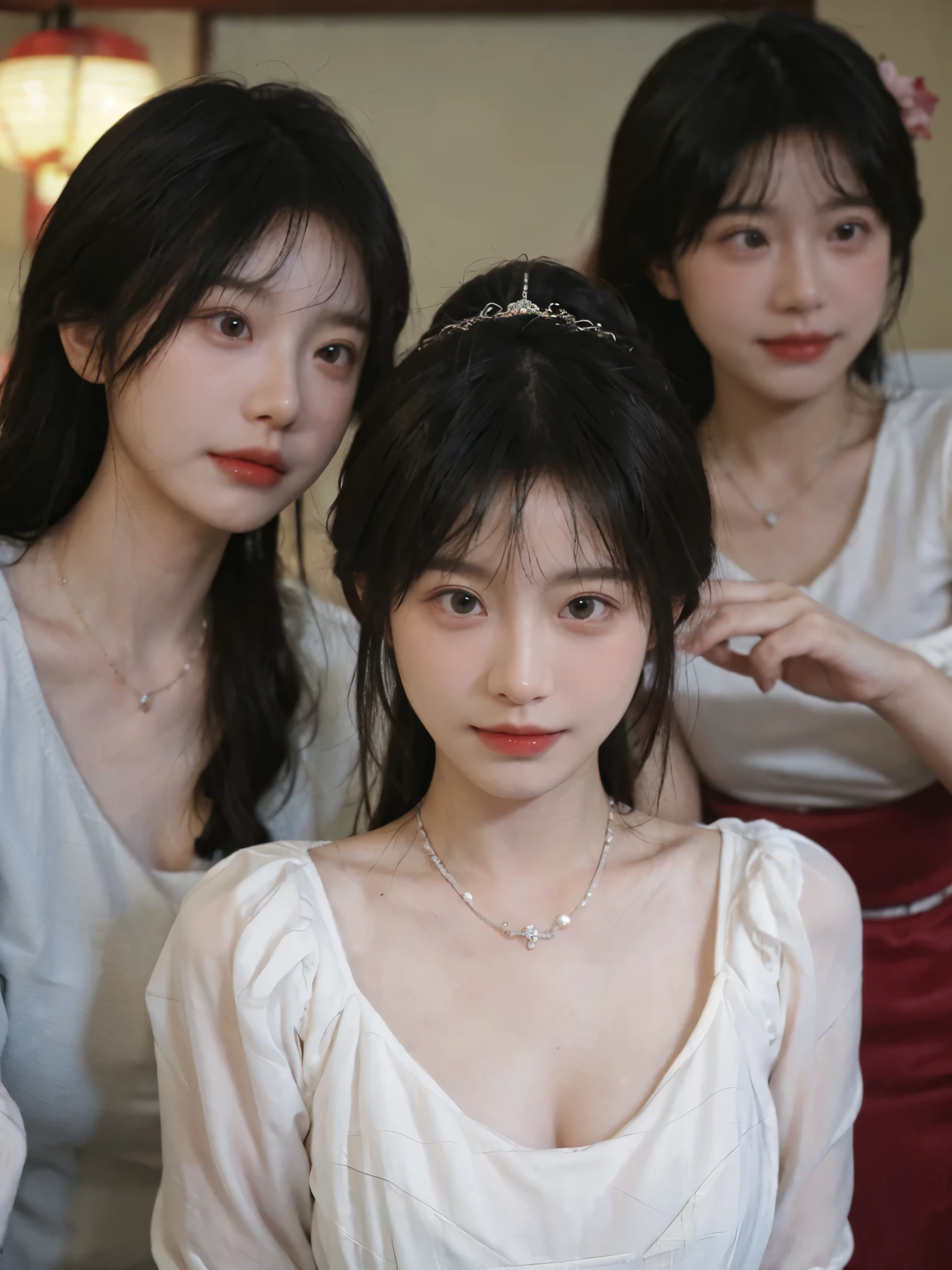 best quality, ultra high resolution, (realistically:1.4),cute hairpin,Baoyu Girl,Standing in the wedding hall,(flat chest:1.2) ,A pair of clear and charming peach blossom eyes,Royal sister,The sun shines on the face,Big wavy hairstyle,(necklace:1.2),(White skin:1.4),a sense of atmosphere,a beautiful girl,Looking directly at the viewer, Close-up cleavage ,(lifelike:1.4),1 girl,Sexy,(Upper body:1.4),(wet),(:1.2)