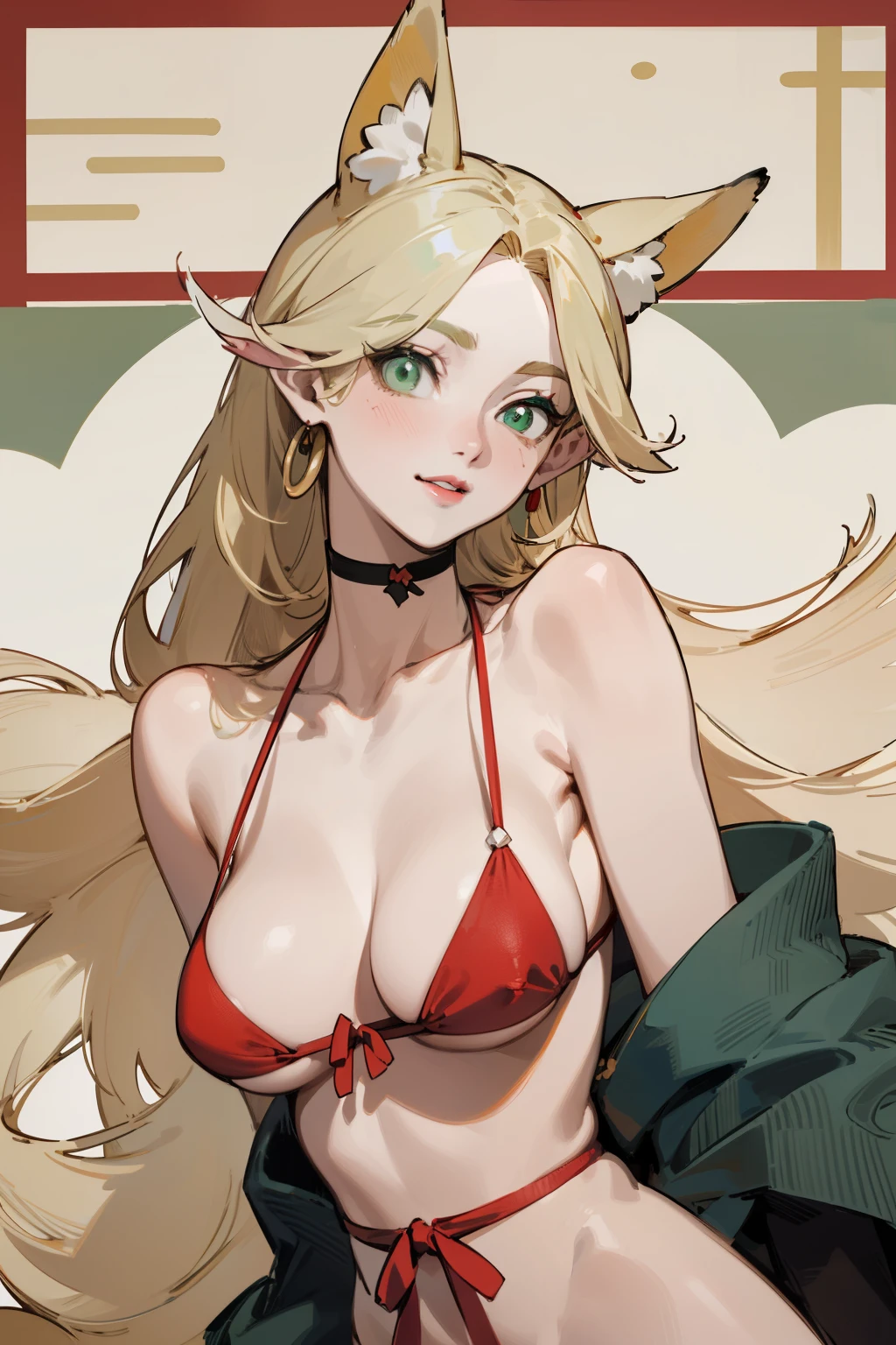solitary, (Fox ears), Exquisite eyes, blond hair,Facial details, Green Eyes, Red Eyeshadow, lips are red, Fake laugh, Ukiyo-e, masterpiece, high quality, big breasts,Black tights,High heel,Exposing thighs,bikini,Upper Body