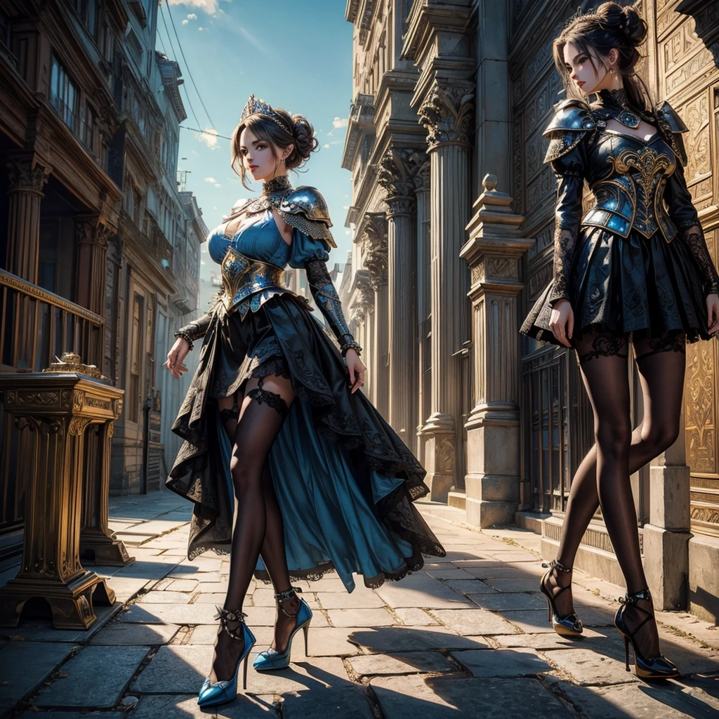 (tall girl with long legs), (standing pose), (body facing to the viewer),(tutututu), (high heels:1.3),full huge breasts,huge round breasts, 1 girl, (black updo:1.2), (steel armor:1.1) (full lace body stocking) royalty ornate (embroidery:0.5), skinny (Gorget Plackart pauldron :1.3), (skirt with blue colors), (masterpiece:1.2) (illustration:1.1) (best quality:1.2) (extremely detailed) (intricate) (8k) (HDR) (wallpaper) (cinematic lighting) (bright lighting) (sharp focus),outdoor at a bright sky.