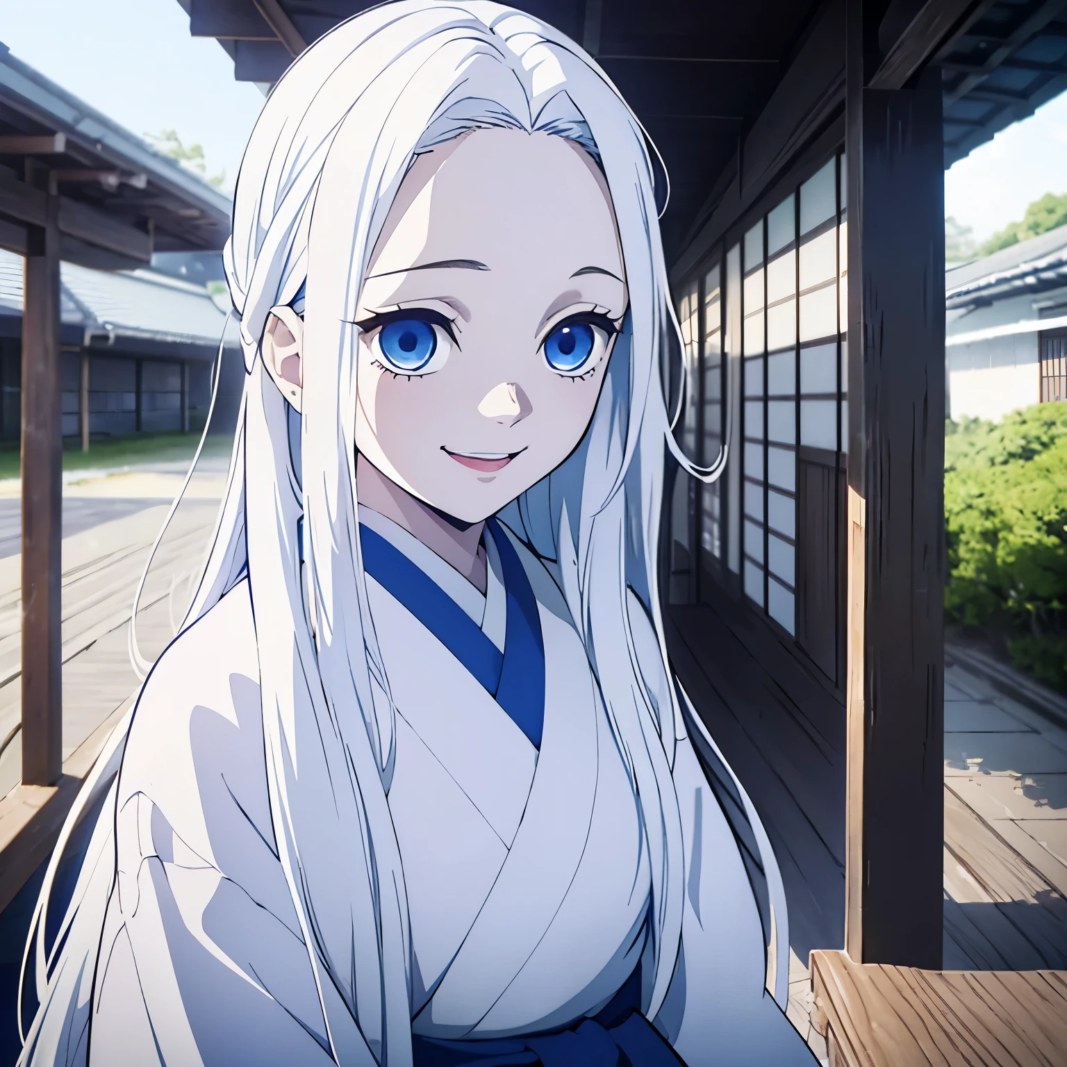 (1 girl, White long straight hair, blue eyes), kimono, white haori, white hair, smily eyes, room, face focus, (opened mouth), happy face,(half-up half-down hairstyle), japanese animation color style, vivid colors, from front, outdoor, day time, 15 years old girl