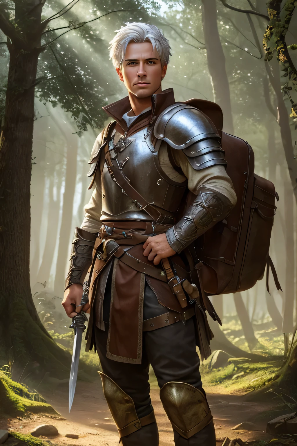 young adventurer,leather armour,male,white hair,messy hair,laid back,cool,short hair,handsome face,confident expression,sharp eyes,pointed nose,thin lips,determined look,muscular build,strong arms,tanned skin,dirt stains on the armor,worn-out boots,dusty environment,medieval setting,sword in hand,dagger strapped to hip,adventurer's backpack,forest in the background,sunlight filtering through the trees,dappled shadows,ancient ruins in the distance,treasure chest half-buried in the ground,mysterious aura,adrenaline rushing,excitement and anticipation,breezy wind,whispering leaves. (best quality,4k,8k,highres,masterpiece:1.2),ultra-detailed,(realistic,photorealistic,photo-realistic:1.37),HDR,studio lighting,ultra-fine painting,sharp focus,physically-based rendering,extreme detail description,professional,vivid colors,bokeh,concept artists.
