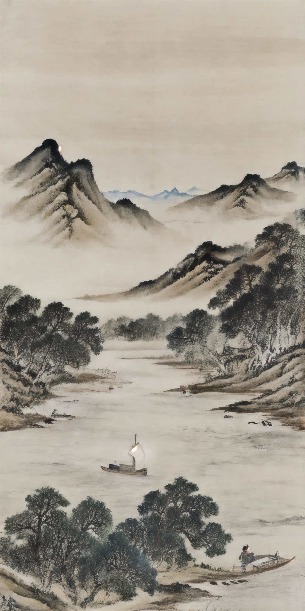 The painting depicts a boat sailing in the water，Mountains in the background, Detailed Landscape—Width 672, landscape art品, Chinese painting style, Chinese landscape, Inspired by Li Keran, Chinese watercolor style, landscape scenery, landscape art, Chiba Yudai, Chinese style, Classical landscape painting, landscape art detailed