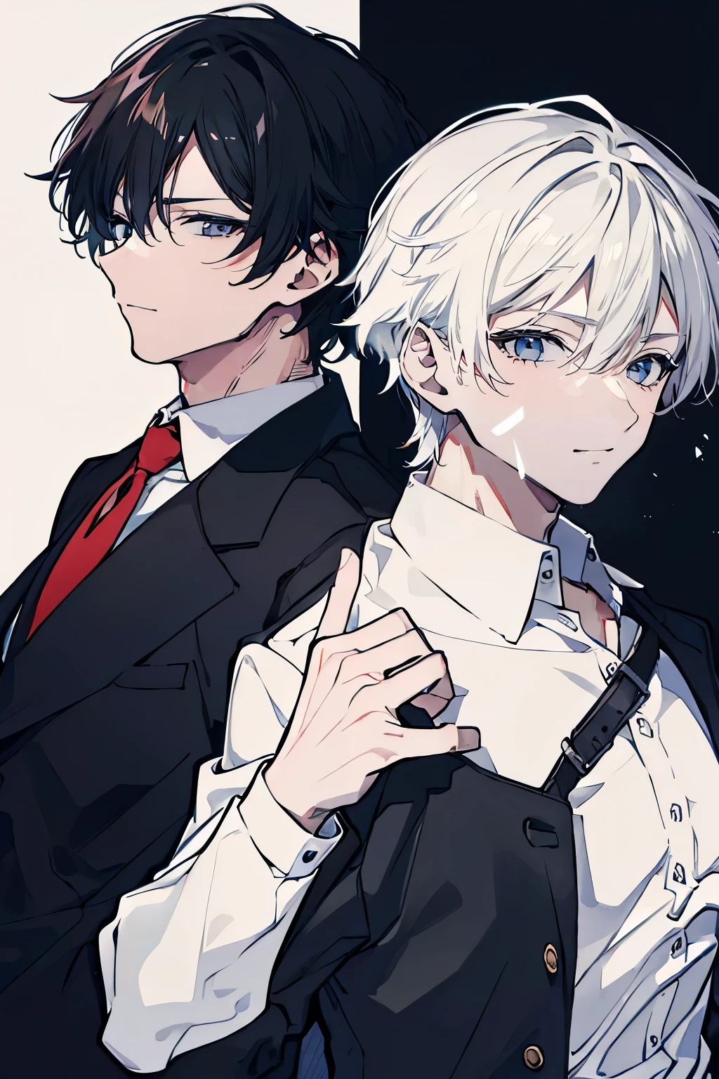 (Mastepiece), (Best Quality), Very detailed, ((Two friendly men)), Perfect Face, Beautiful Face, Very detailed顔，(Black-haired man:1.3)，(white haired man:1.3)，suit，shirt