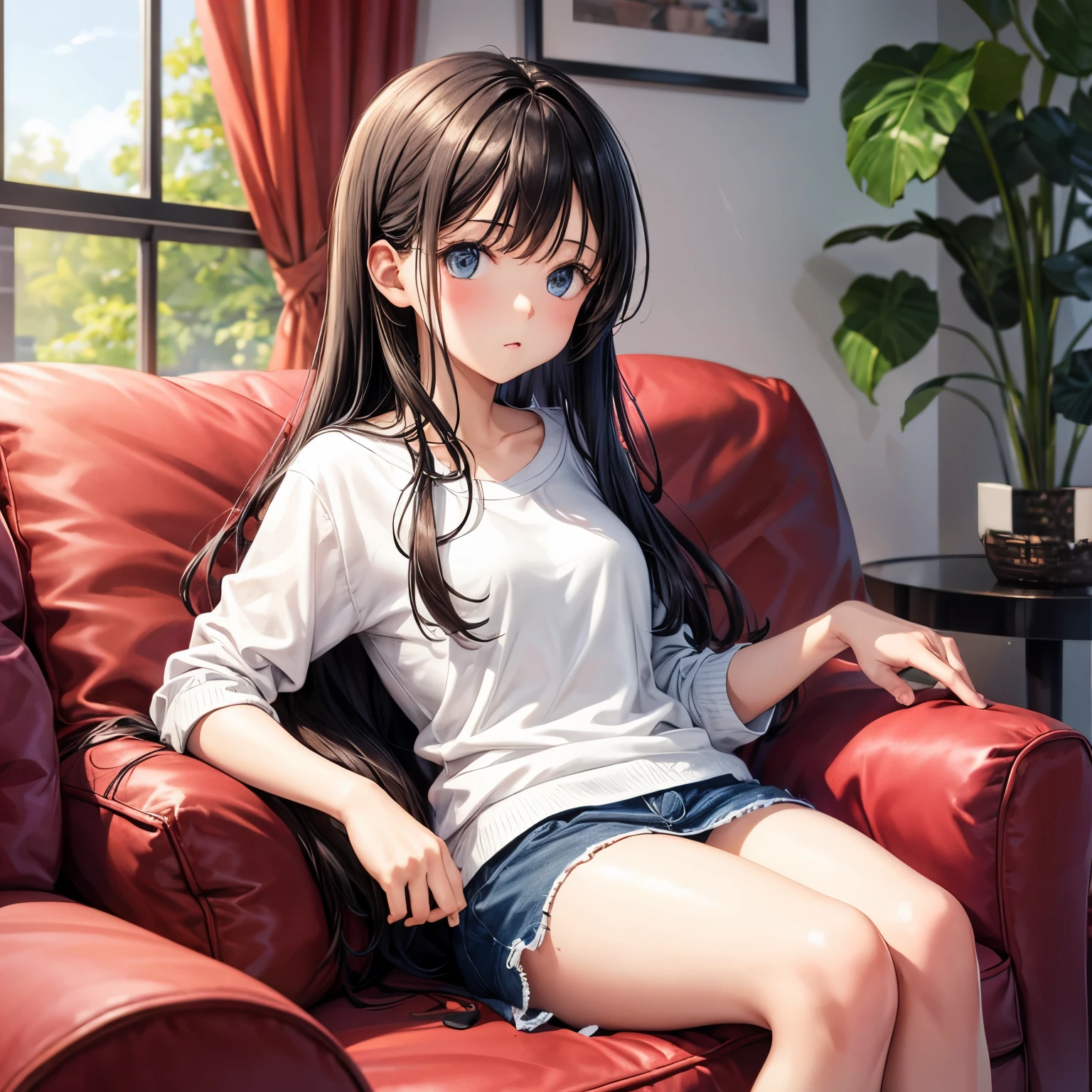 There is a girl wearing JK holding her knees on the sofa in the bedroom with a cute expression close-up in the sun