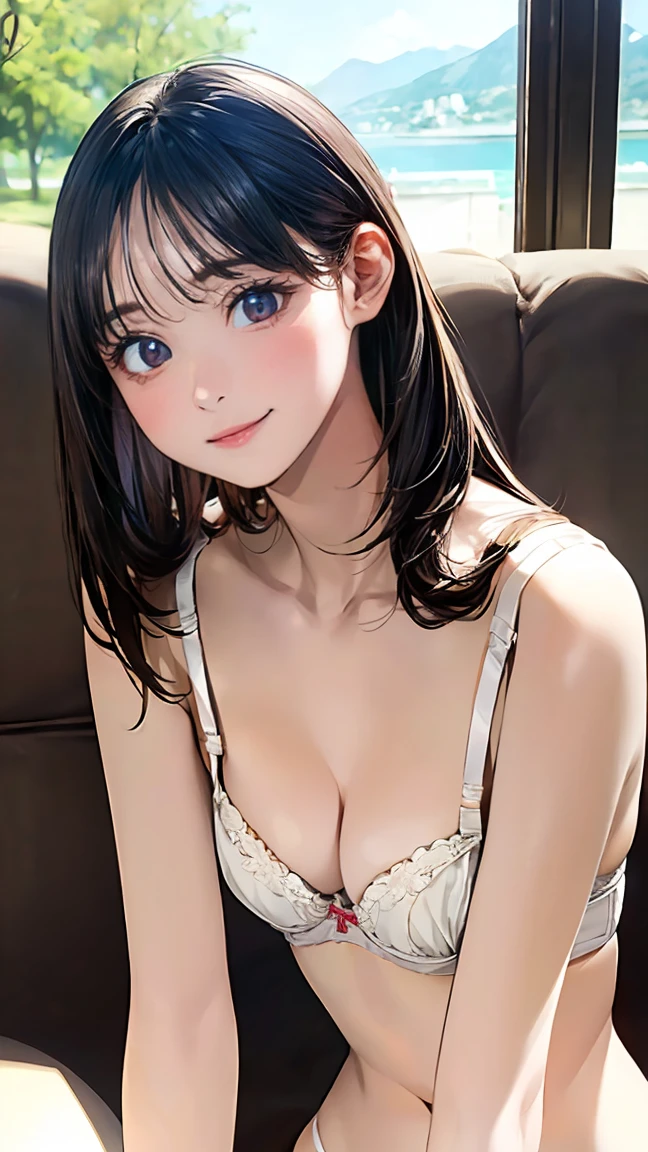 (masterpiece:1.2, highest quality), (realistic, photorealistic:1.4), beautiful illustrations, (natural side lighting, movie lighting),
looking at the viewer, Upper body, (Front view), 1 girl, perfect face, Cute symmetrical face, shiny skin, baby face, long eyelash, (small breasts), (wide hips:1.2),long hair,
beautiful hair, beautiful face, detailed and beautiful eyes, beautiful body, beautiful breasts, beautiful thighs, beautiful feet, beautiful fingers,
(beautiful scenery),(cute smile:1.3, upper eye), 18yo,pale skin,white bra,white panties,lace lingerie,side tie panties,sitting living sofa,(halfcup bra:1.5),