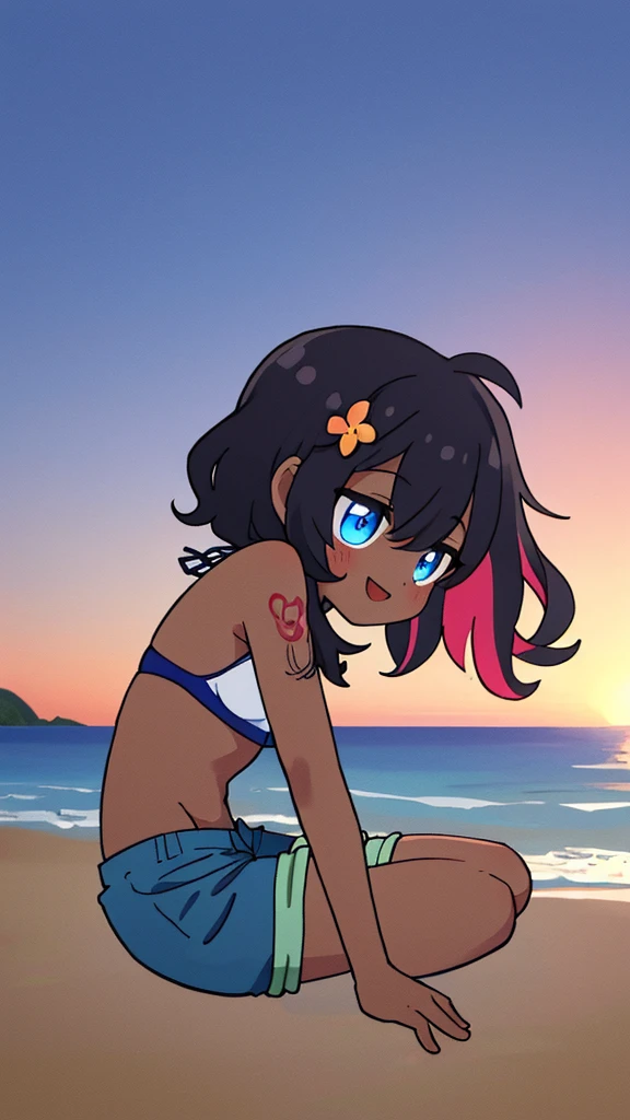 (masterpiece, best quality, ultra detailed, ultra high resolusion, highres,8k:1.4), BREAK,20_years_old, 1giri sitting-on-the-the edge-of-the-waves,beach, smile, (looking away:1.5), (dark_skin:1.2),(tribal_tatoo),(wavy hairs),(messy hair),(asymmetry bangs),(multicolored hair),
Tsurime Eyes, (((blue eyes))),
((flower hair ornament)),(shortpants,bikini:1.4), sunset, from side,