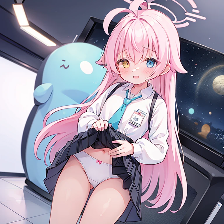 1 Girl、Kotoriyu Hoshino、Pink Hair、Ahoge、Odd Eye、Short、Embarrassed、skirt lift、Panties、cute