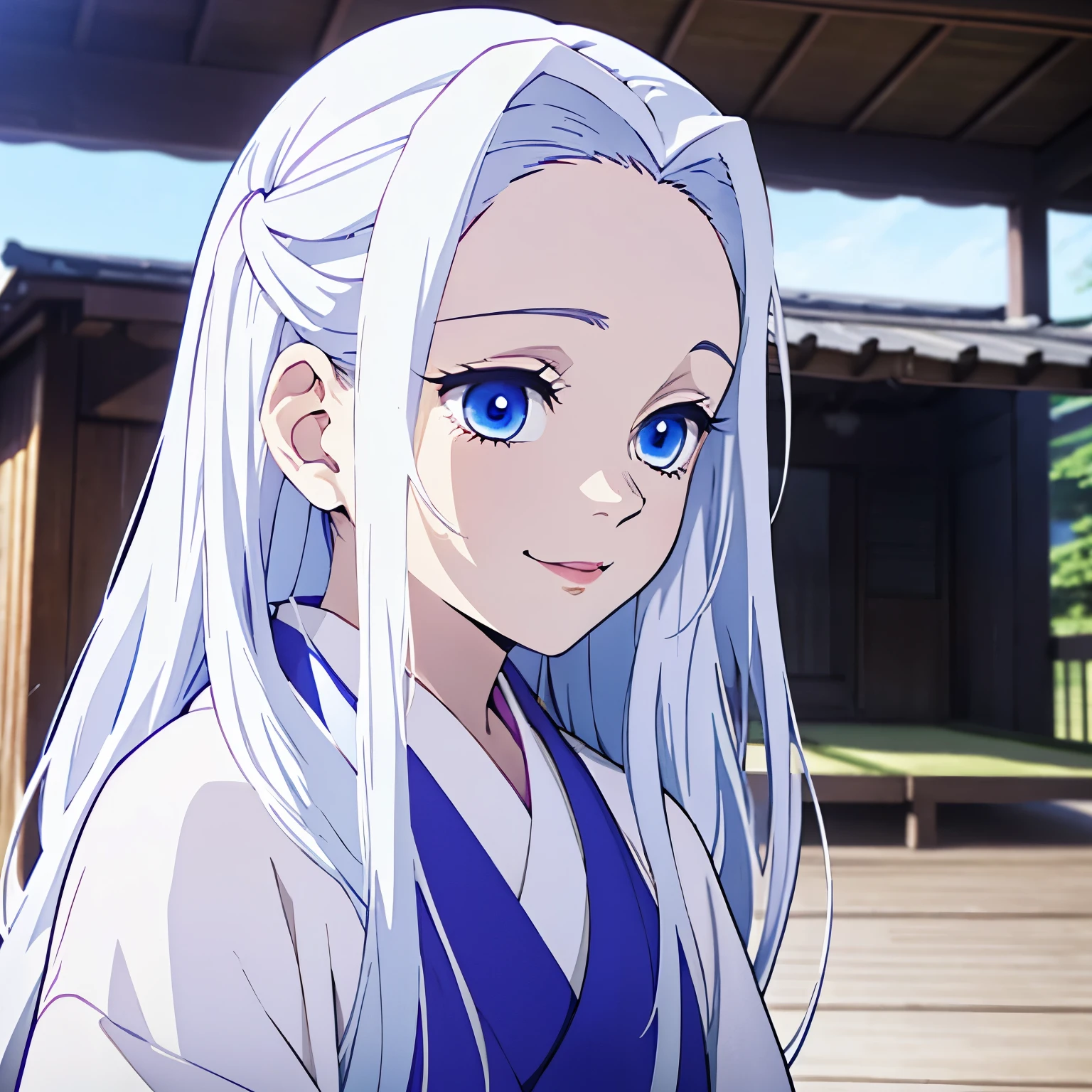 (1 girl, White long straight hair, blue eyes), kimono, white haori, white hair, smily eyes, room, face focus, (opened mouth), happy face,(half-up half-down hairstyle), japanese animation color style, vivid colors, from front, outdoor, day time,