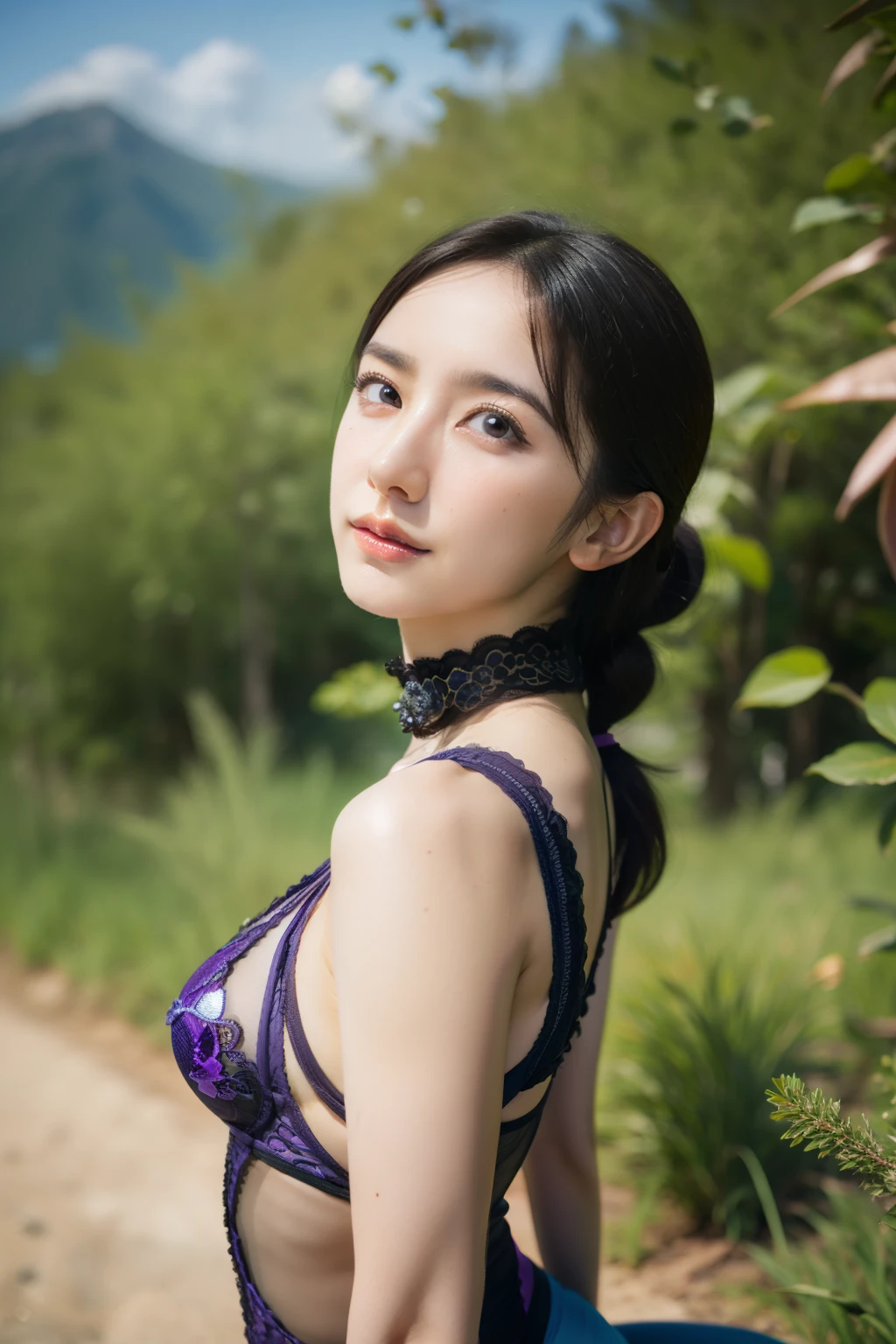 from the side, Reality, official art, Unity 8K Wallpaper, 8K portrait, 最OK质量, Very high resolution, (Incredibly beautiful nature background:1.6), A girl, 一位fair十幾歲的義大利女孩, Sixteen years old, obscene, (Sexy and charming:1.1), (Coquettish expression:1.6), (Small breasts，Raised pink areola,,:1.6), vulgar, (Smile:1.2), (Whole body 1.0), (Strike a pose:1.5), (Magic attack pose:1.6),(Magical effects such as sparks or energy:1.5), (Electric shock to hand:1.1), (Delicate blue tights，Features beautiful fractal or marble designs:1.5), (fair and d delicate ruby, topaz, emerald and sapphire jewels:1.45),  fair seductive face, portrait, (thick eyebrows:1.2), (Big purple eyes:1.2), fair eyes with fine symmetry, (Extremely detailed eyes:1.4), (High resolution eyes:1.1), Intimate face, (Ultra-fine skin texture:1.4), White skin, Pale skin, Perfect anatomical structure, Thin, (fair toned body:1.1), Hairpin, (Hydrated skin:1.1), Sweating all over, No makeup, Dark circles, 良OK解剖结构, focal plane, nice, (emilia clarke:0.6)  (Emma Watson:0.3),(jennifer connolly:0.4), (sensual face:1.5), Elegant face, OK, Sweet, Cyberpunk sci-fi, (Beautifully designed gloves:1.2), Blurred background, Blurred foreground, Depth of Field, (Motion Blur:1.1), Intricate and colorful biomechanical tights, Zentangle, mandala, Entanglement,  (Small Breasts:1.2), sheer breasts, (fair :1.2), (National Foundation:1.2), Big buttocks, ,  juice stain, grabbing breast