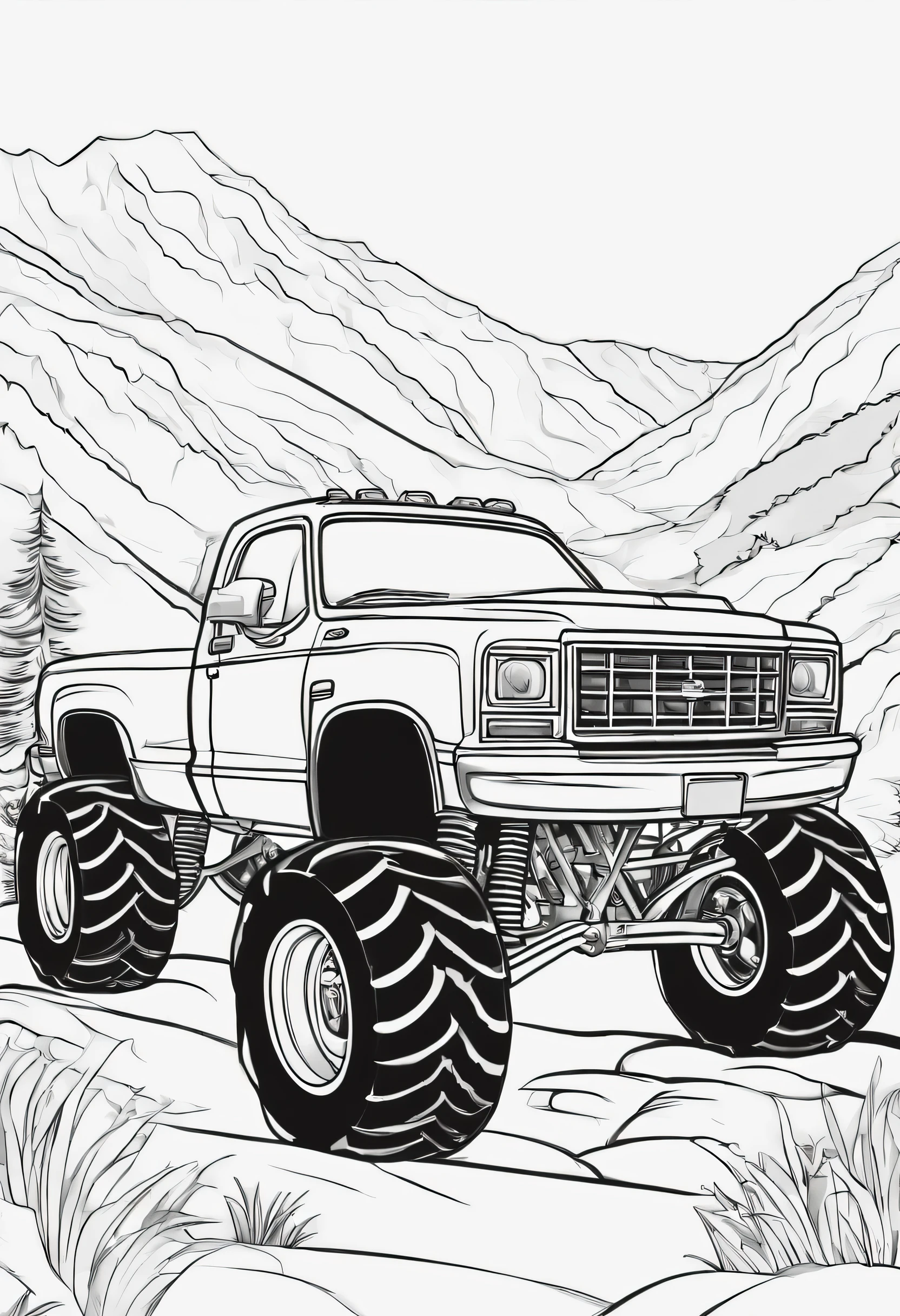 a picture of a car in the style of a monster truck cartoon in the form of a children's colouring book, in black and white, against a background of city or mountain landscapes.
