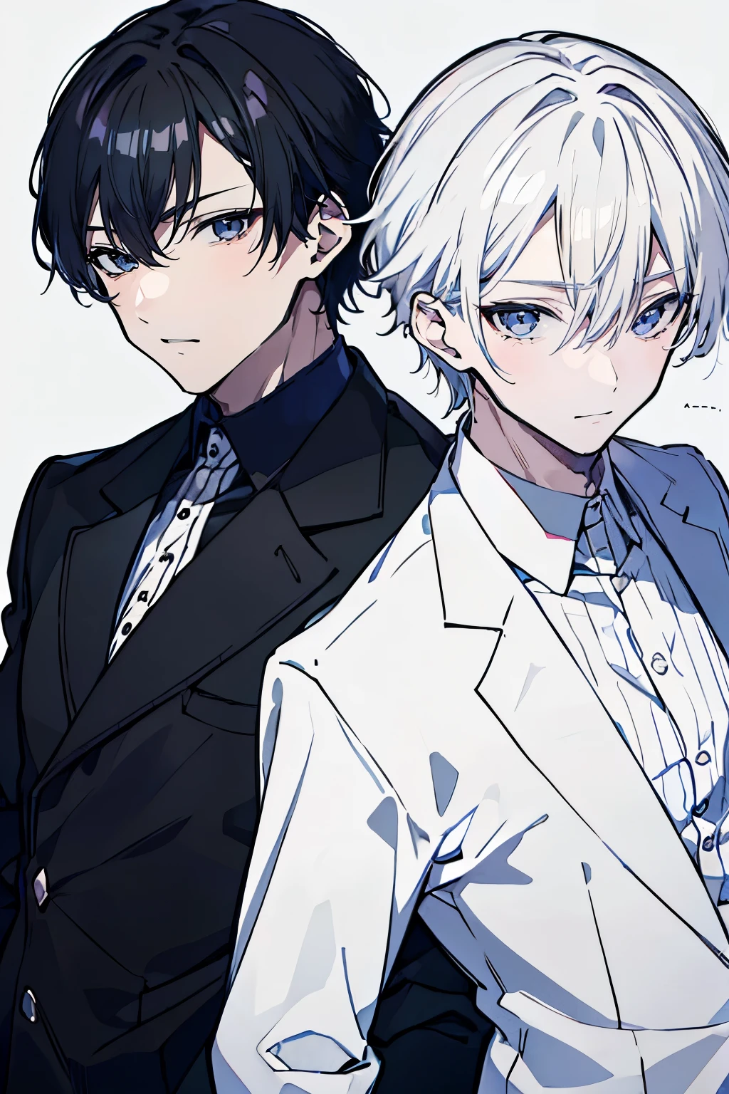 (Mastepiece), (Best Quality), Very detailed, ((Two friendly men)), Perfect Face, Beautiful Face, Very detailed顔，(Black-haired man:1.3)，(white haired man:1.3)，suit，shirt