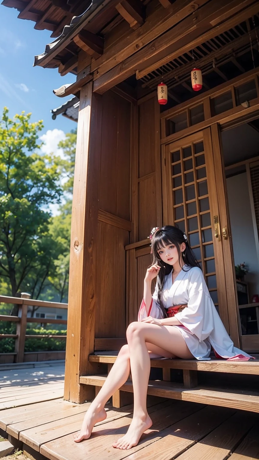 ((最high quality, 8K, masterpiece: 1.3, Ultra HD, high quality, 最high quality, High resolution, realism)) 、A stunningly beautiful 22-year-old Japanese woman、hair color is black、Iriedium Hair、Straight Hair、smile、Slender but well-proportioned, slim and muscular body、Athlete-like body type、I want my head to stay off screen、Wearing accessories on the wrist、Wearing red nail polish、I have a peticure、Sitting on the veranda of a Japanese house in the Japanese countryside、It's summer、A wind chime is hung in front of the eaves.、barefoot、Fanning oneself、A courtyard spreads out in front of the verandah.、wear a yukata