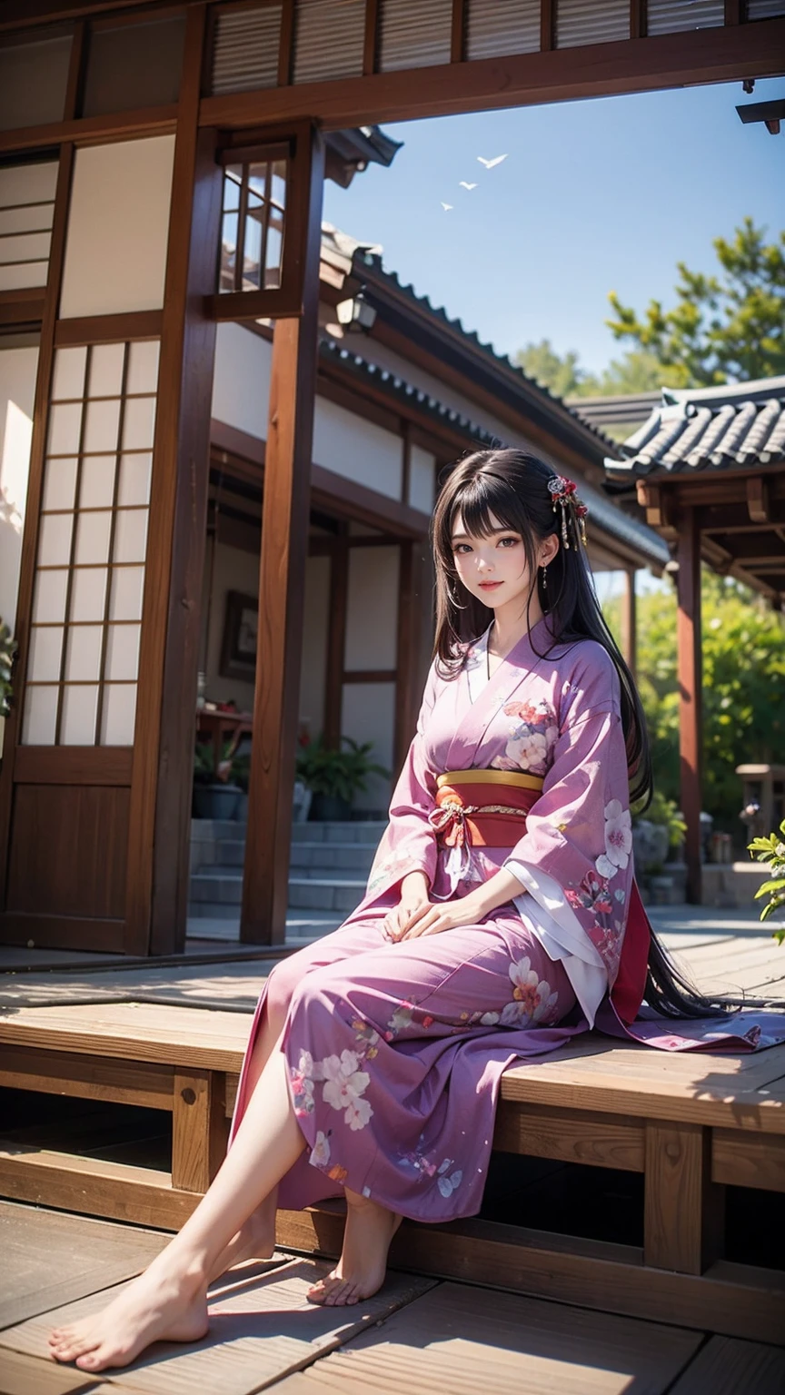 ((最high quality, 8K, masterpiece: 1.3, Ultra HD, high quality, 最high quality, High resolution, realism)) 、A stunningly beautiful 22-year-old Japanese woman、hair color is black、Iriedium Hair、Straight Hair、smile、Slender but well-proportioned, slim and muscular body、Athlete-like body type、I want my head to stay off screen、Wearing accessories on the wrist、Wearing red nail polish、I have a peticure、Sitting on the veranda of a Japanese house in the Japanese countryside、It's summer、A wind chime is hung in front of the eaves.、barefoot、Fanning oneself、A courtyard spreads out in front of the verandah.、wear a yukata