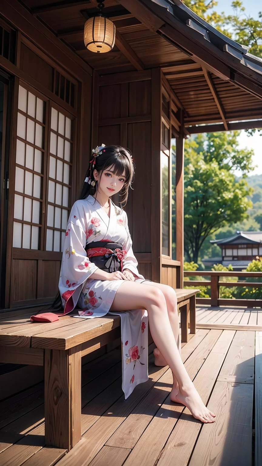 ((最high quality, 8K, masterpiece: 1.3, Ultra HD, high quality, 最high quality, High resolution, realism)) 、A stunningly beautiful 22-year-old Japanese woman、hair color is black、Iriedium Hair、Straight Hair、smile、Slender but well-proportioned, slim and muscular body、Athlete-like body type、I want my head to stay off screen、Wearing accessories on the wrist、Wearing red nail polish、I have a peticure、Sitting on the veranda of a Japanese house in the Japanese countryside、It's summer、A wind chime is hung in front of the eaves.、barefoot、Fanning oneself、A courtyard spreads out in front of the verandah.、wear a yukata
