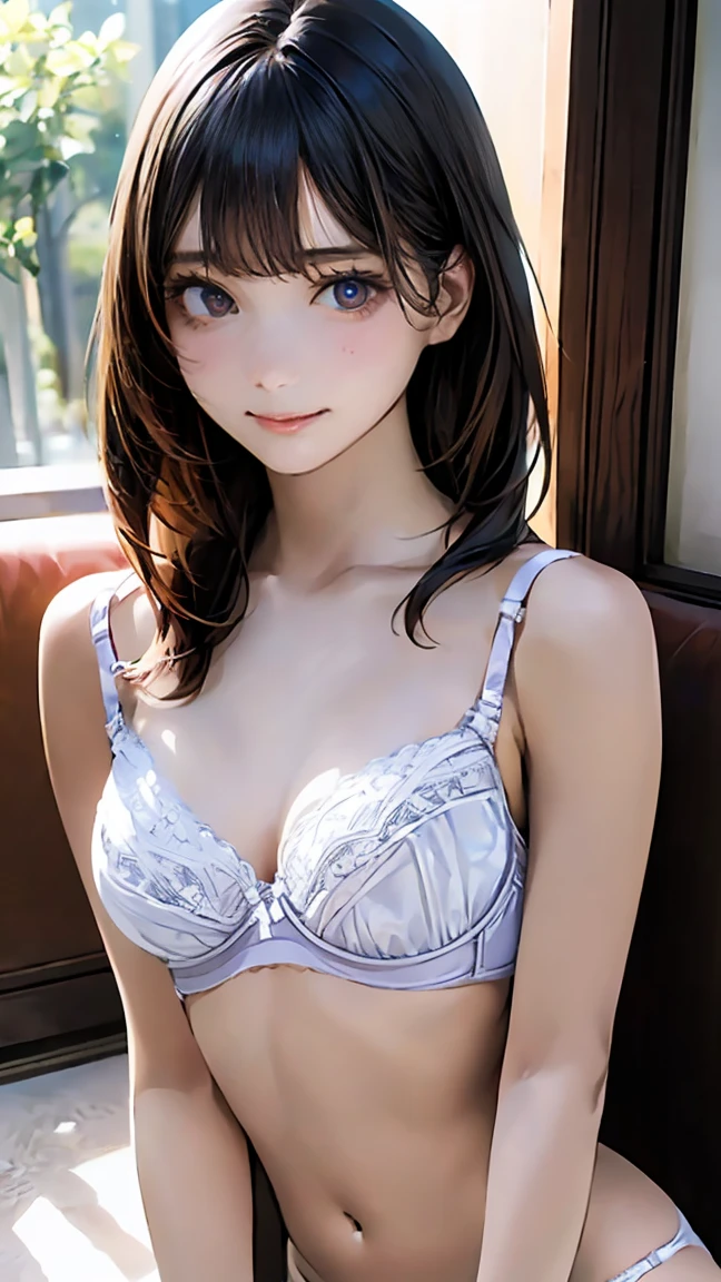 (masterpiece:1.2, highest quality), (realistic, photorealistic:1.4), beautiful illustrations, (natural side lighting, movie lighting),
looking at the viewer, Upper body, (Front view), 1 girl, perfect face, Cute symmetrical face, shiny skin, baby face, long eyelash, (small breasts), (wide hips:1.2),long hair,
beautiful hair, beautiful face, detailed and beautiful eyes, beautiful body, beautiful breasts, beautiful thighs, beautiful feet, beautiful fingers,
(beautiful scenery),(cute smile:1.3, upper eye), 18yo,pale skin,white bra,white panties,lace lingerie,side tie panties,sitting living sofa,(halfcup bra:1.5),
