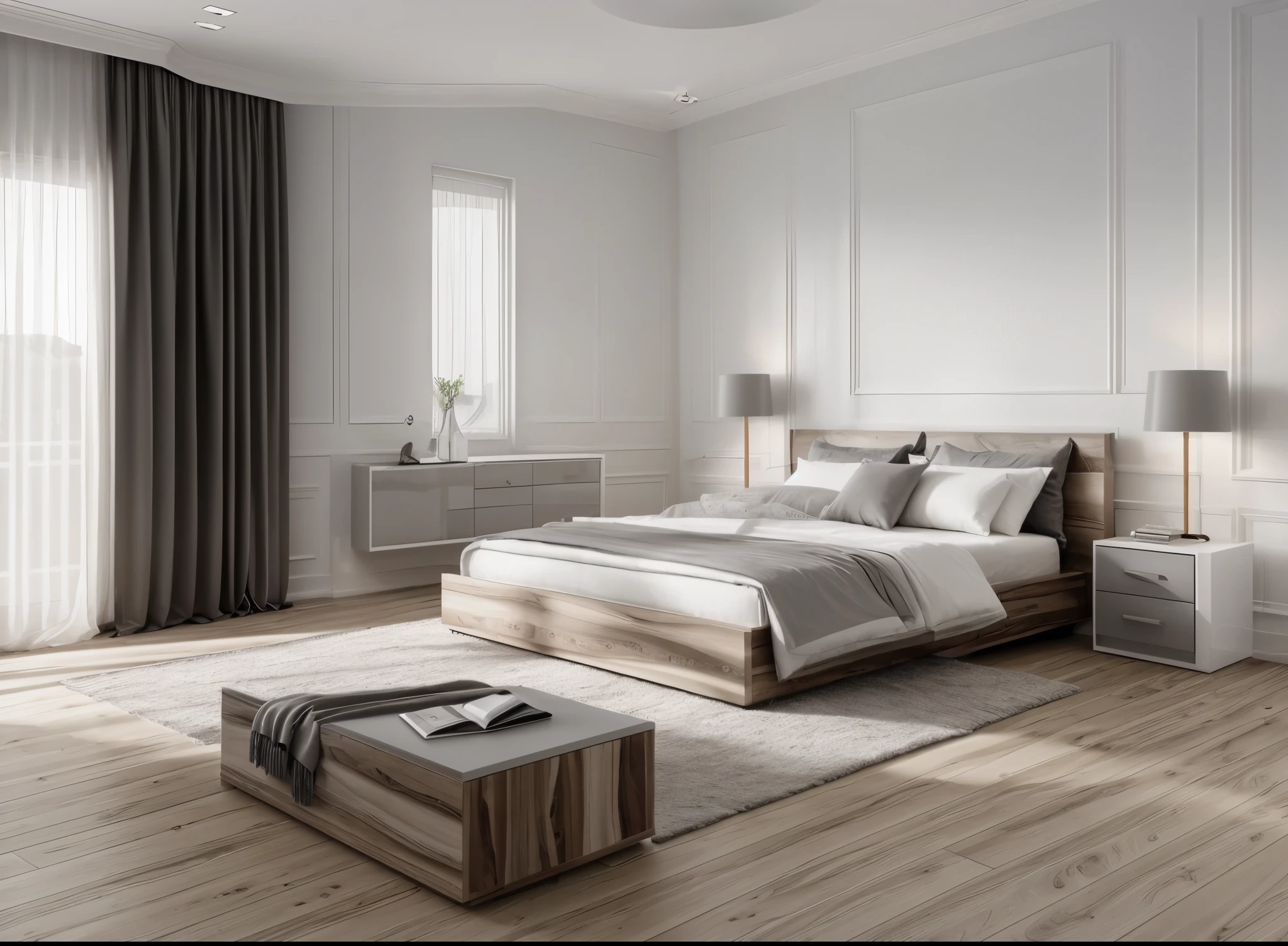 RAW photo,Masterpiece, Neo-classic Bedroom, Glossy wood, MDF wood texture, white and grey, Dark tone, high quality, best quality, authentic, super detail, modern interior,white wall, window, wooden floor, , Realistic reflexes,realistic light , vray