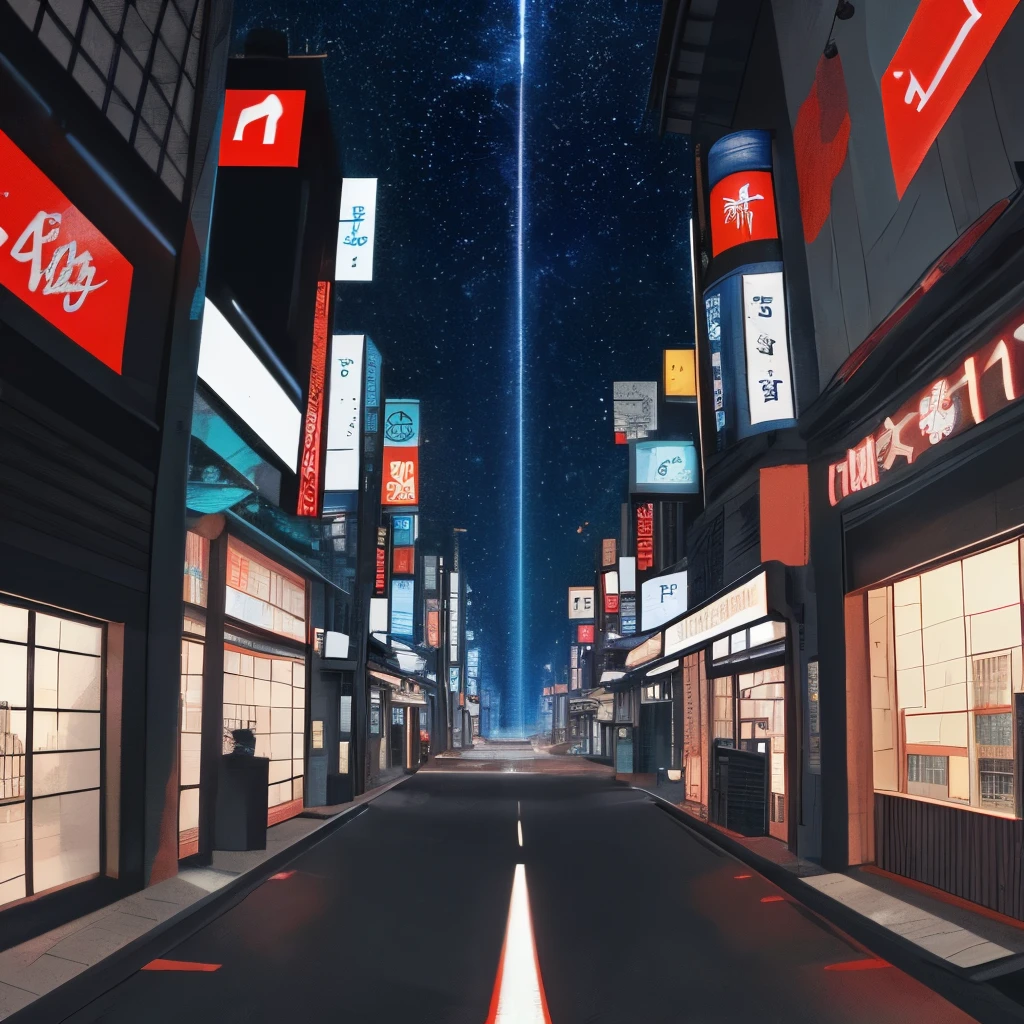 Japan，street，Shops，Not a single person，Cyberpunk color scheme，Starry Sky，meteor，Movie