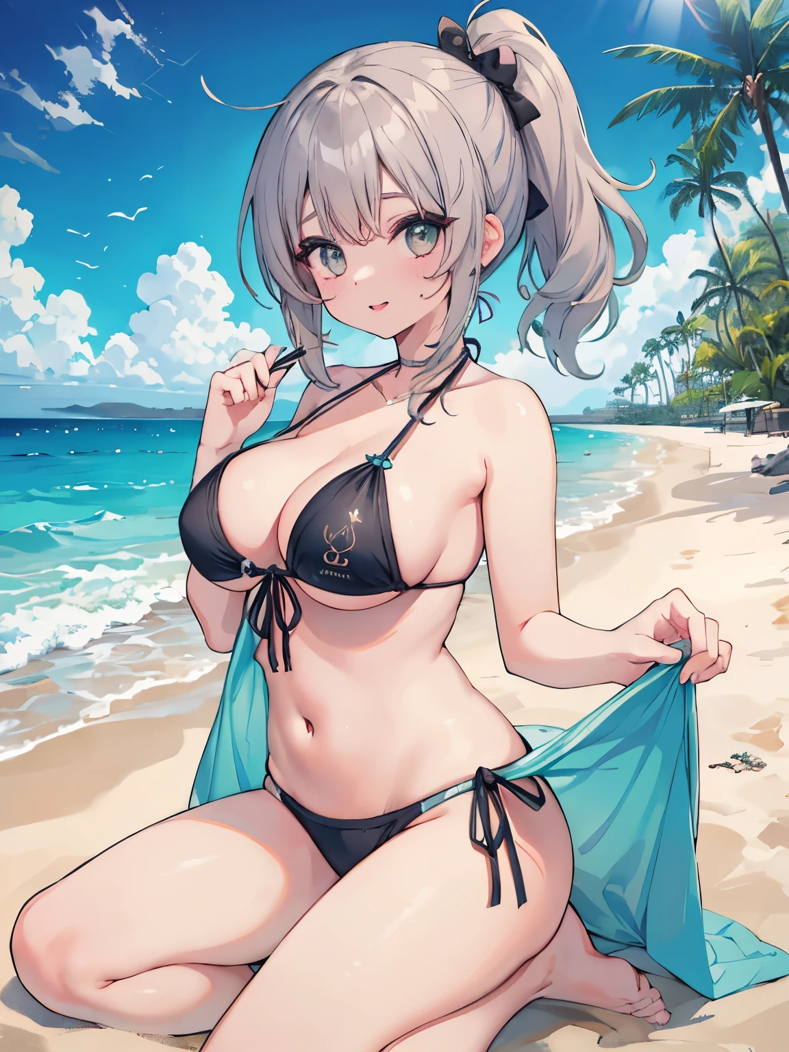 mais alta qualidade、high resolution、fundo detalhado、rosto lindo e detalhado、pele bonita e suave escura、textura da pele、professional lighting、Linda adolescente、(seios enormes: 1.2)、
uma garota agarra meu corpo、Uma garota toca meu peito、
praia de Waikiki、praia de lakai、microbiquini、sexy bikini、Side pony、
sexual expression、sentir-se sexual、Um olhar um pouco relutante