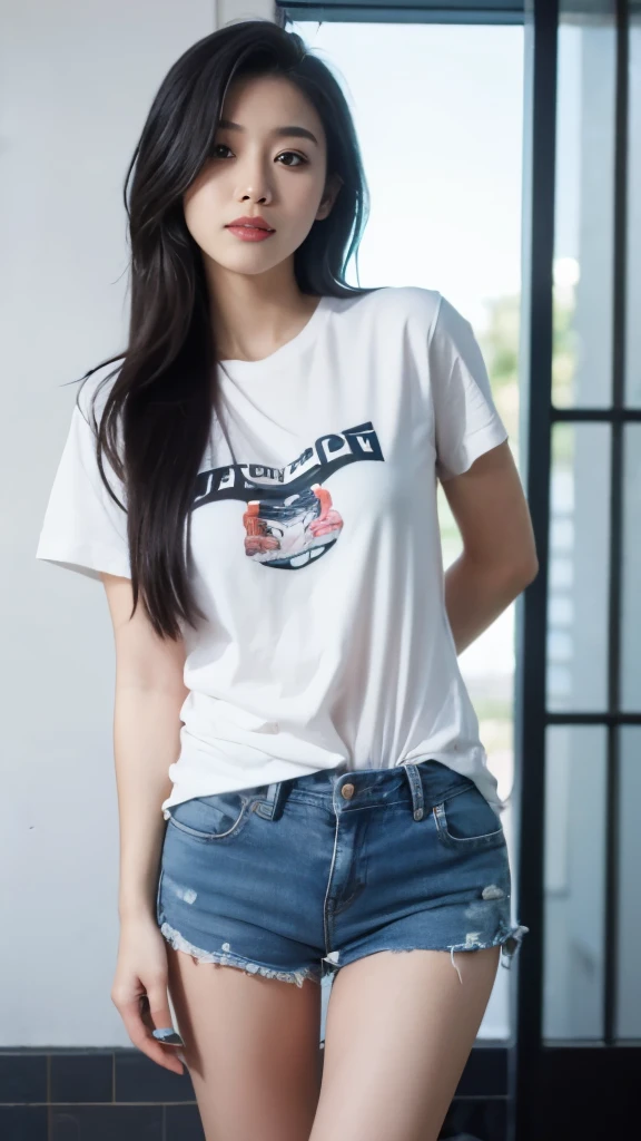 masterpiece:2.0,best quality, Black long hair,Wear a loose T-shirt:1.5,Wear denim shorts,Large target ,Stand up straight