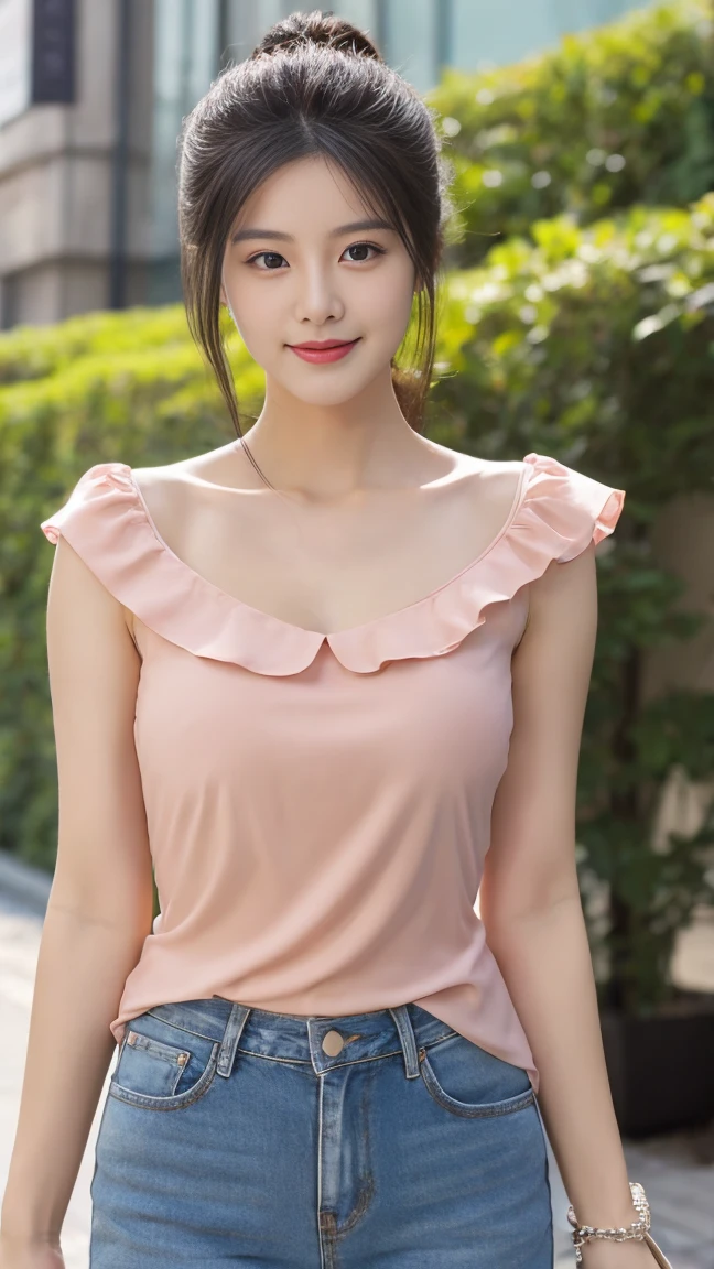 Gentle and charming Chinese beautiful woman, half-length photo, delicate and sexy collarbone, charming oval face, double eyelids, vivid peach blossom eyes, black hair, long hair, pink lips, small nose, bare shoulders, focused face, face close-up, big breasts, ultra-high-definition, Super details, elegant standing posture, Korean style puff sleeve square collar slim short shirt, matched with high waist light-colored jeans suit