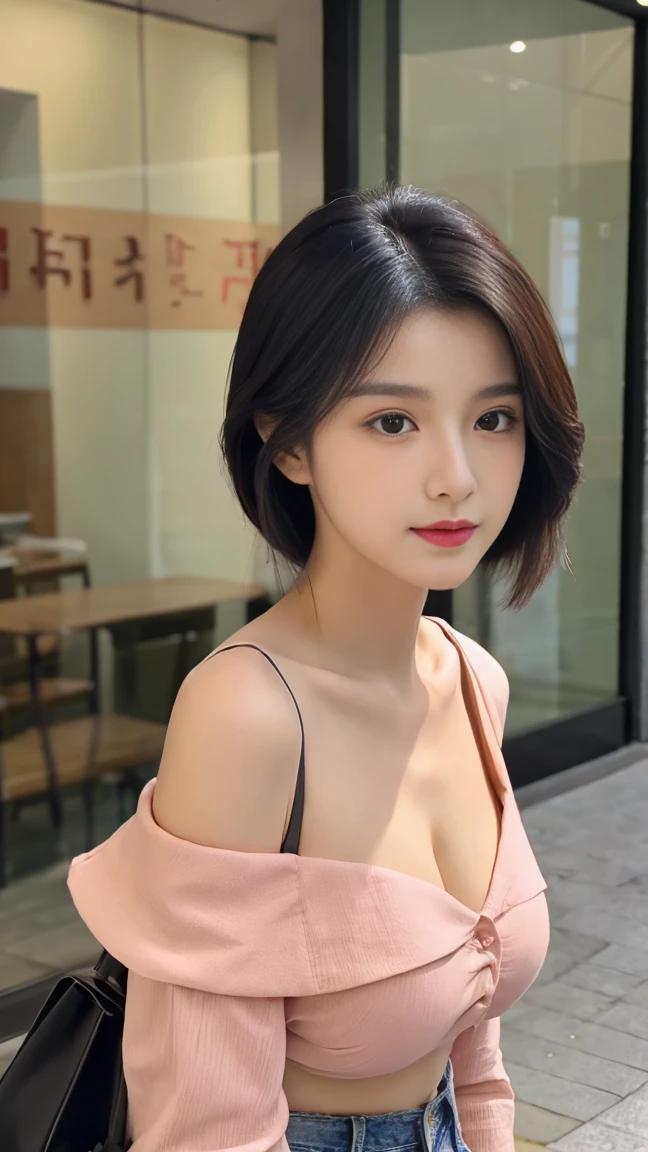 Gentle and charming Chinese beautiful woman, half-length photo, delicate and sexy collarbone, charming oval face, double eyelids, vivid peach blossom eyes, black hair, long hair, pink lips, small nose, bare shoulders, focused face, face close-up, big breasts, ultra-high-definition, Super details, elegant standing posture, Korean style puff sleeve square collar slim short shirt, matched with high waist light-colored jeans suit