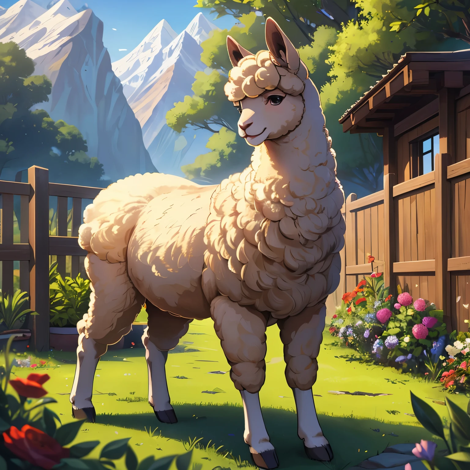 (best quality,8k,highres, masterpiece:1.2), ultra-detailed, HDR, UHD, studio lighting, ultra-fine painting, sharp focus, physically-based rendering, extreme detail description, professional, vivid colors, bokeh, portraits, concept artists, warm color palette, dramatic lighting,no humans,One alpaca in the fence of the zoo, inside the fence is a garden that imitates the Andes, an alpaca relaxing in the garden, a loving gaze, warm fur, a garden full of nature, the great nature of the Andes, fluffy fur, a majestic natural landscape,