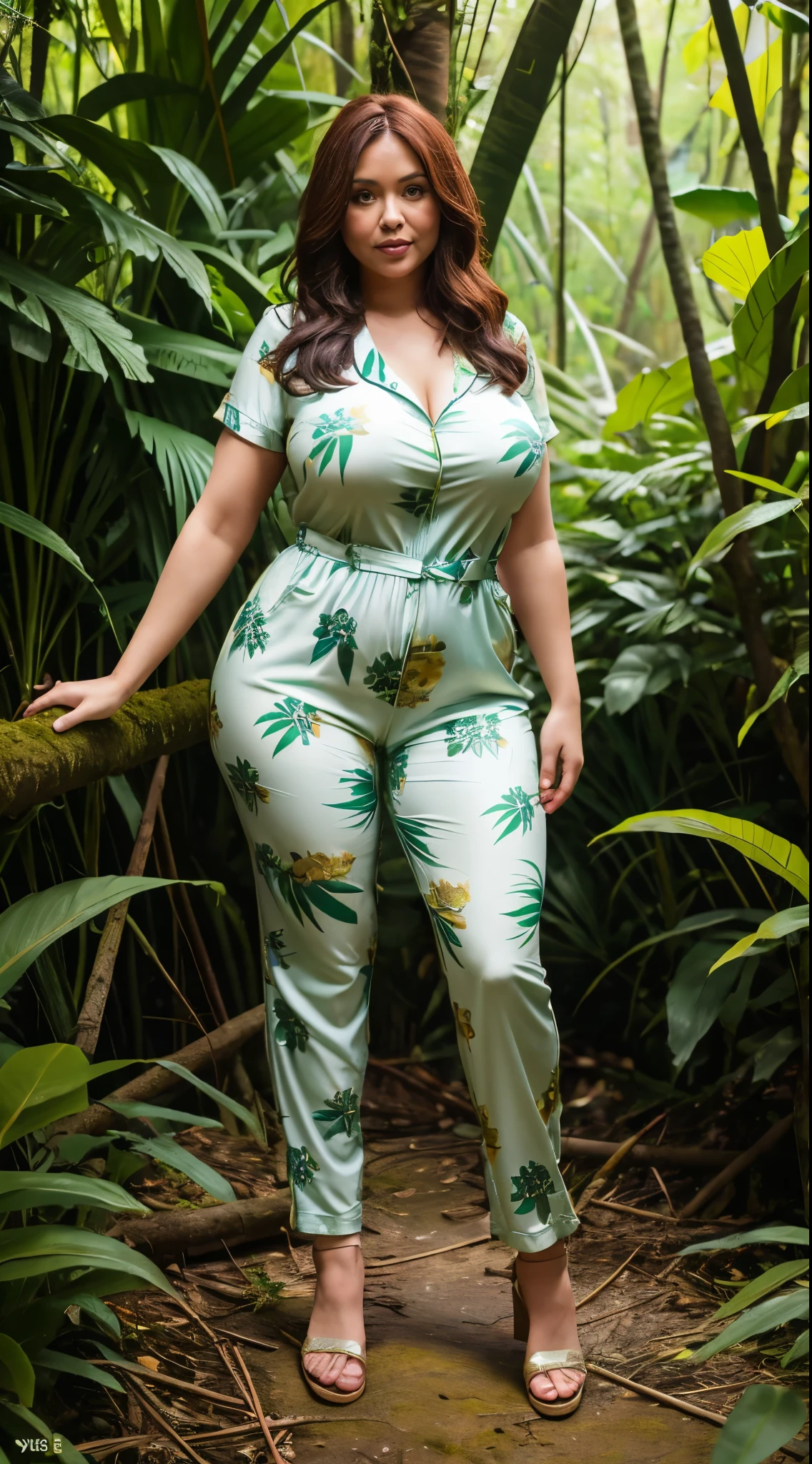 40 years old Woman in jungle, curvy , wearing jumpsuit pajamas, beautiful woman, very detail , long legs ,thick high, full body in camera, from front, wearing strap wedges