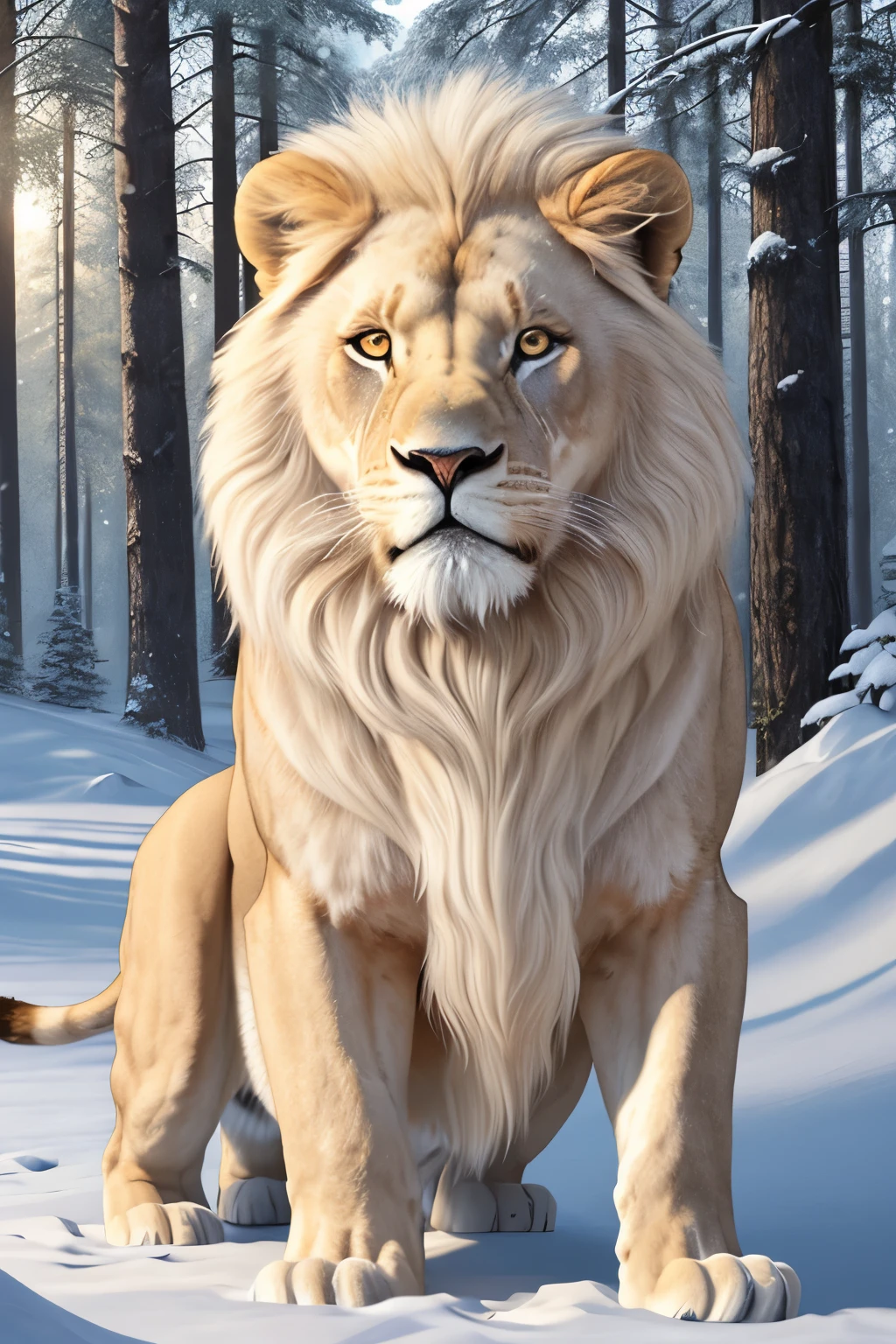 A photorealistic, 4K render of a gentle white lion with snow-white fur and kind, expressive eyes. The lion, devoid of aggression, walks out of a dense forest, surrounded by a complex background of intricately detailed trees and verdant foliage. The sunlight filters through the canopy, casting godrays that create a volumetric lighting effect, extending the depth and adding a sense of realism to the scene. The hyperrealistic style painting captures every texture and detail of the lion's fur, making it resemble a high-definition photograph. The perfect lighting and lifelike depiction of the lion's body and facial features evoke a strong sense of em