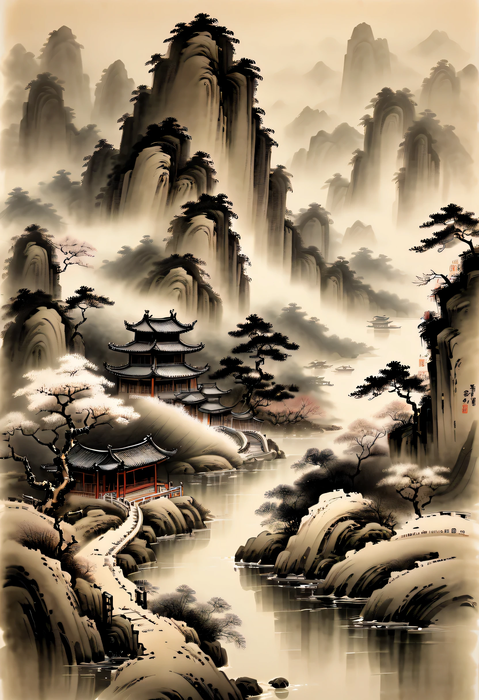 Ink painting and watercolor,drawing on rice ,Use thick and light inks to create light and dark changes and layers,Choose the right ink color,Such as deep black、Thick gray、Light coffee, ETC,Express different situations and atmospheres,Control the gradient and transition of ink colors through the humidity and consistency of the ink,Winter wonderland,club,Yuki,courtyard,desolated, Desolate, Solitude,Black and white tones, Tradition Chinese Ink Painting, traditional chinese art, author:Guo Xi, author:Ma Yuzaiyu, Traditional chinese painting, author:Xu Xi, author:Luo Mu, author:Y in g Buzhi, author:Li Kel here, author:wisdom'Show on the, Ink painting and watercolor ) ) ) ), China ink painting, chinese painting style