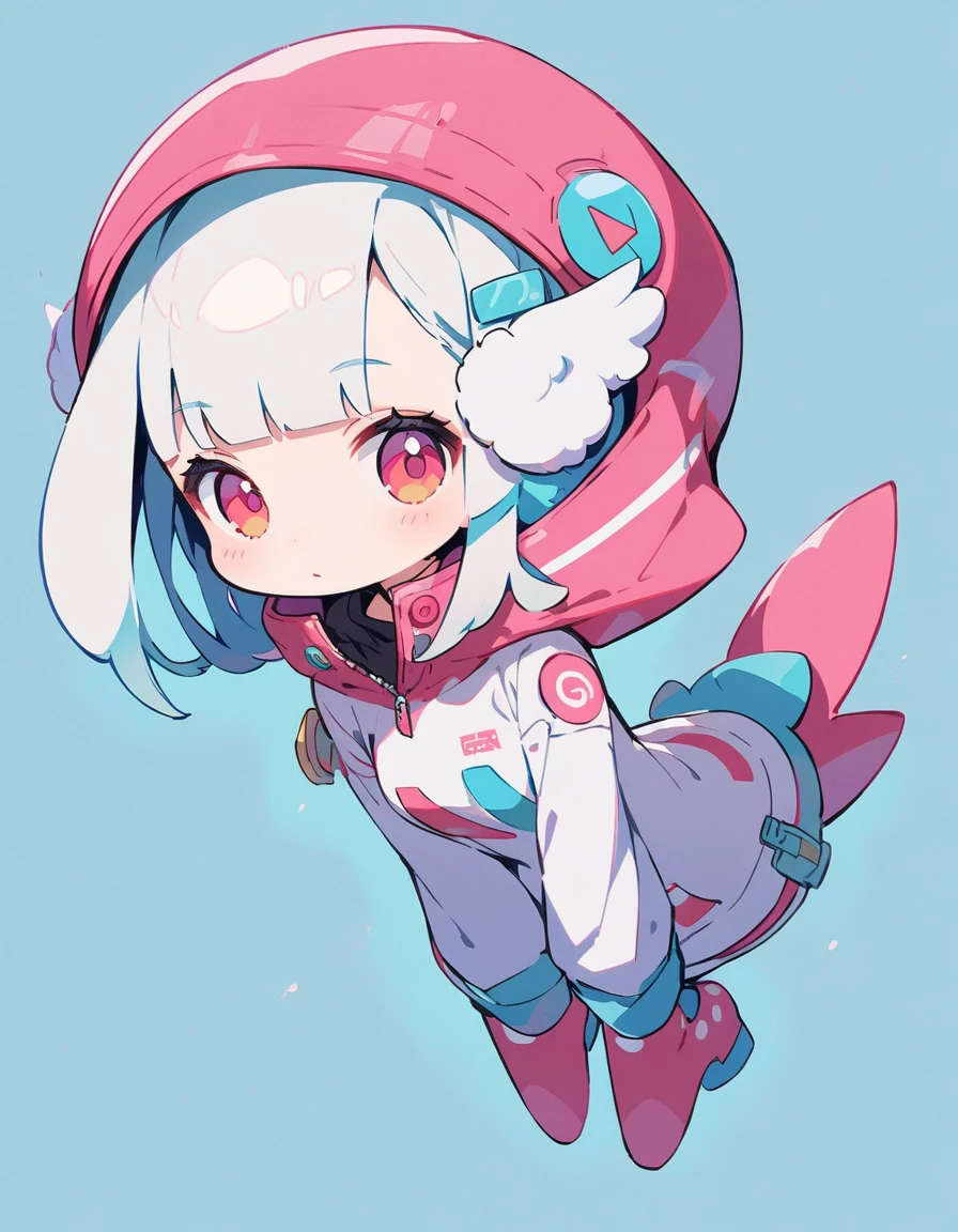cartoon animal design, Full body picture of a cute rabbit in flat style, Simple but with a strong sense of design, Fresh flat style, Cyberpunk elements are liberally incorporated, Viewed from the front、It expresses an attractive and cute posture., Cute posture with legs hanging down