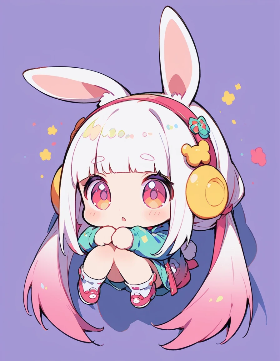 cartoon animal design, Full body picture of a cute rabbit in flat style, Simple but with a strong sense of design, Fresh flat style, Cyberpunk elements are liberally incorporated, Viewed from the front、It expresses an attractive and cute posture., Cute posture with legs hanging down