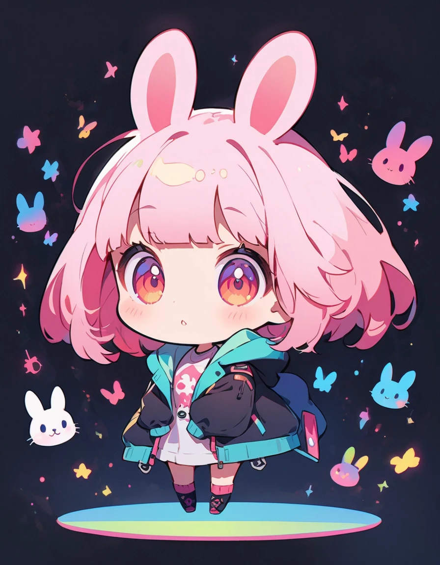 cartoon animal design, Full body picture of a cute rabbit in flat style, Simple but with a strong sense of design, Fresh flat style, Cyberpunk elements are liberally incorporated, Viewed from the front、It expresses an attractive and cute posture., Cute posture with legs hanging down