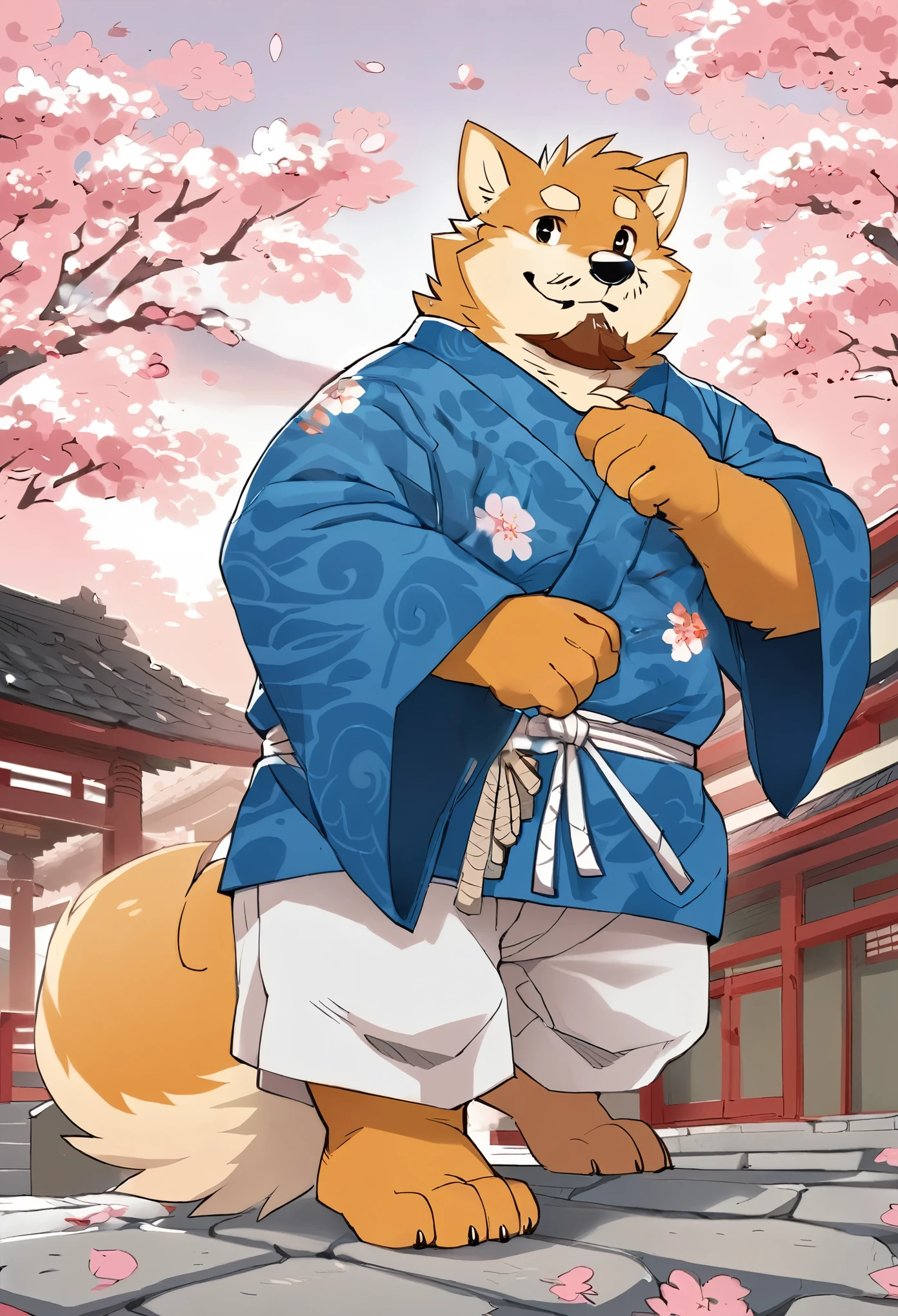 Dressed in blue、 Anthropomorphic Shiba Inu, Inspired by Chi Mansion, Japanese traditional clothing, kimono,barefoot,Furry paws,Fluffy tail,Traditional Japanese concept art,,Takemoto Arashi,Shrine Background,Blue sky,Cherry tree,Slightly fat,Full facial hair,Full figure